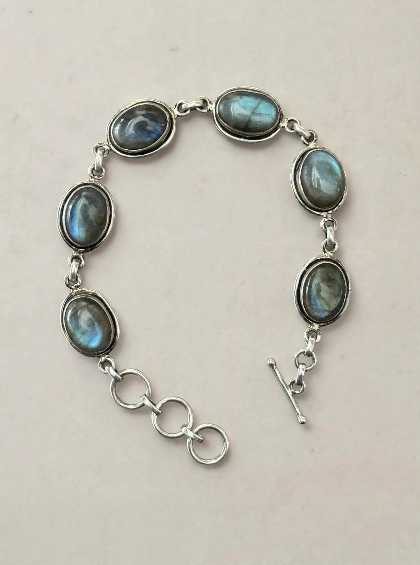 925 Sterling Silver Labradorite Oval Link Bracelet Toggle Clasp