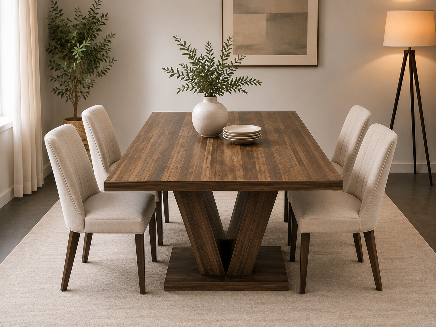 Modern V-Base Dining Table – Wood-Look MDF | 4-Seater