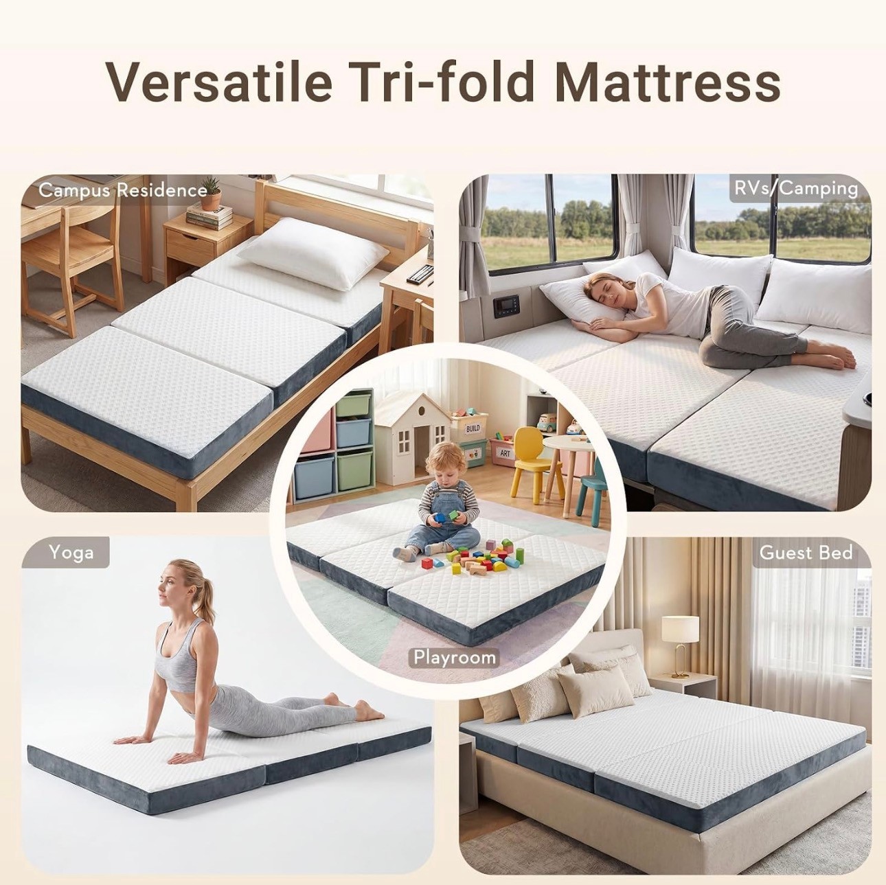 Folding Mattress Queen 6" Breathable Washable & Non-Slip Bottom