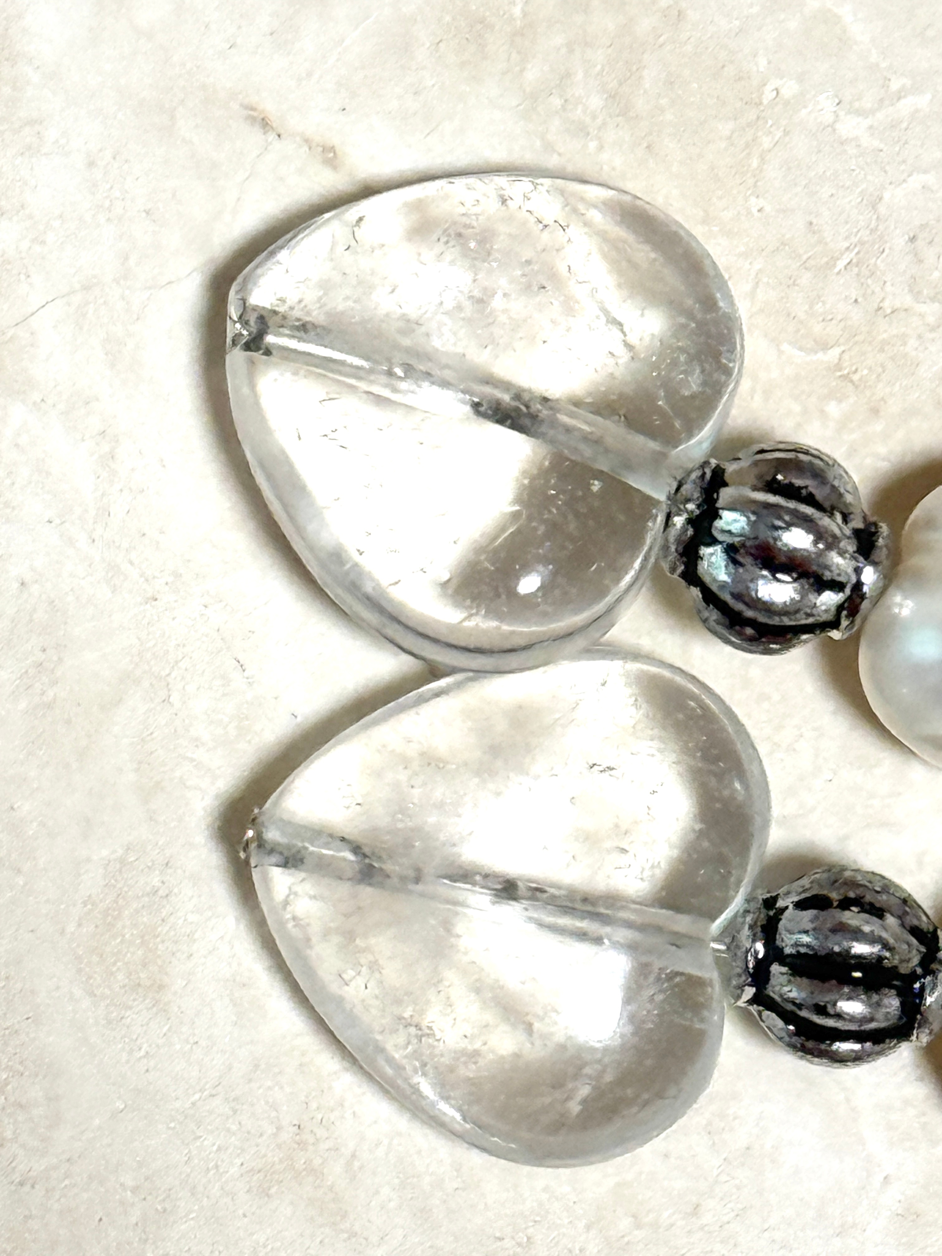Clear Quartz & Pearl Stone Heart 925 Silver Hook Earrings - photo 5