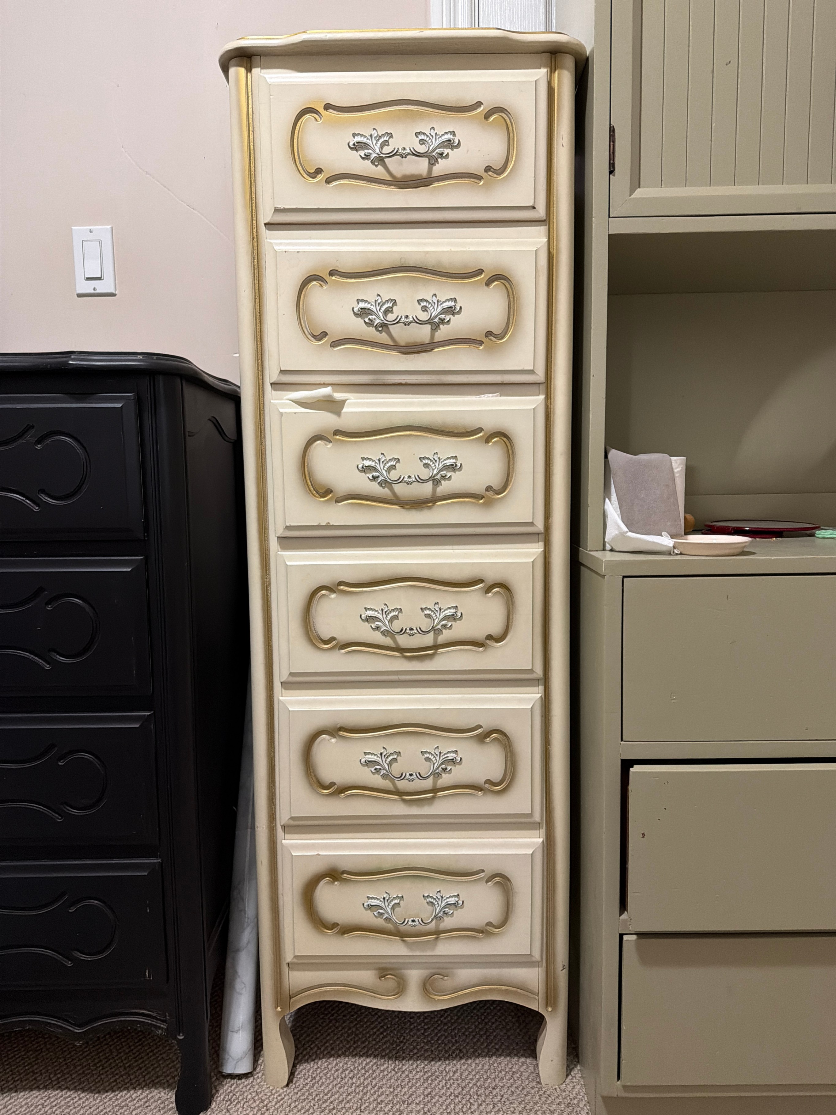 White wood Vintage French Provincial tall lingerie chest