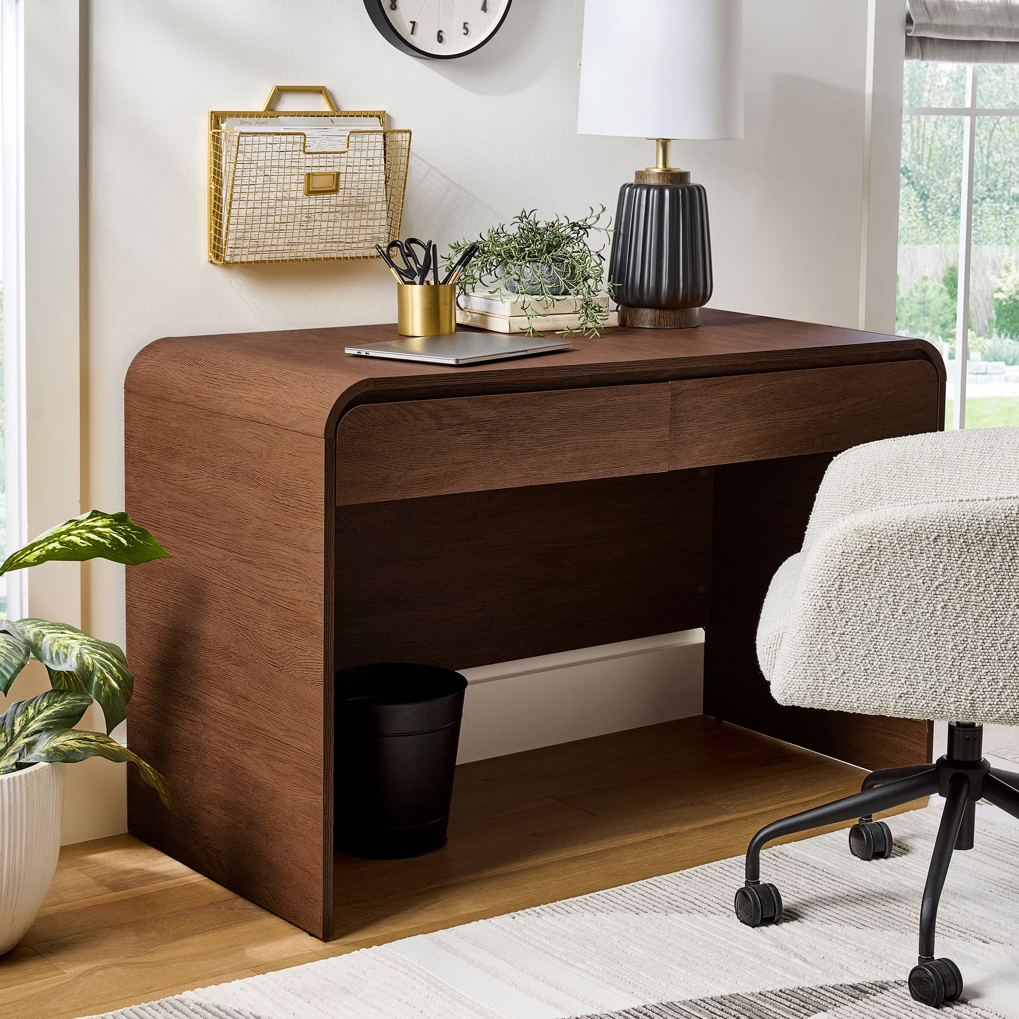 Juliet Curved Desk with Storage, Adults and Teens, Walnut Finish