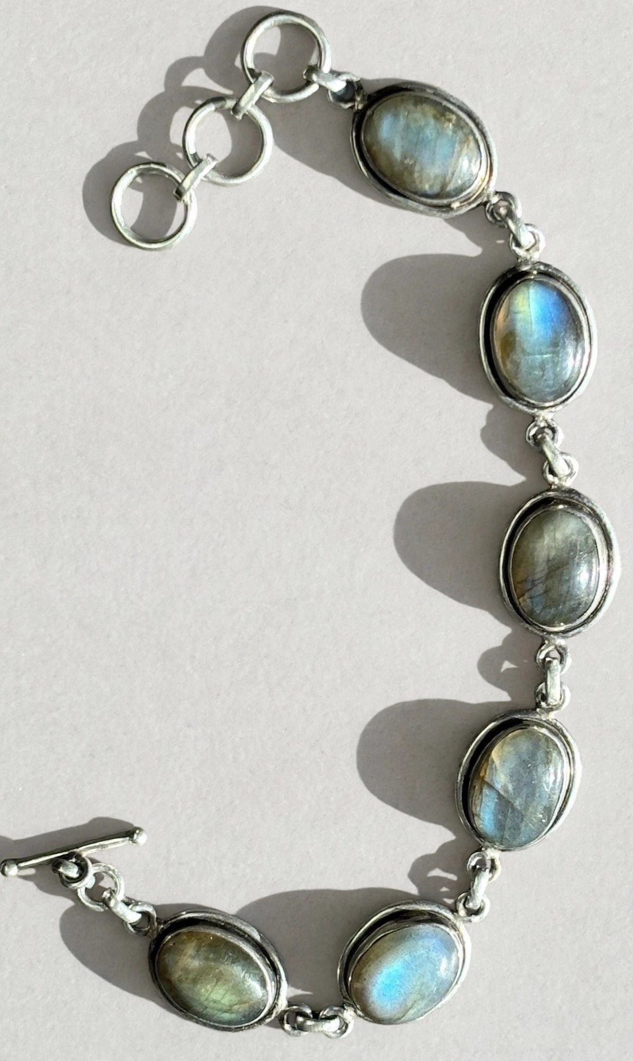 925 Sterling Silver Labradorite Oval Link Bracelet Toggle Clasp - photo 2