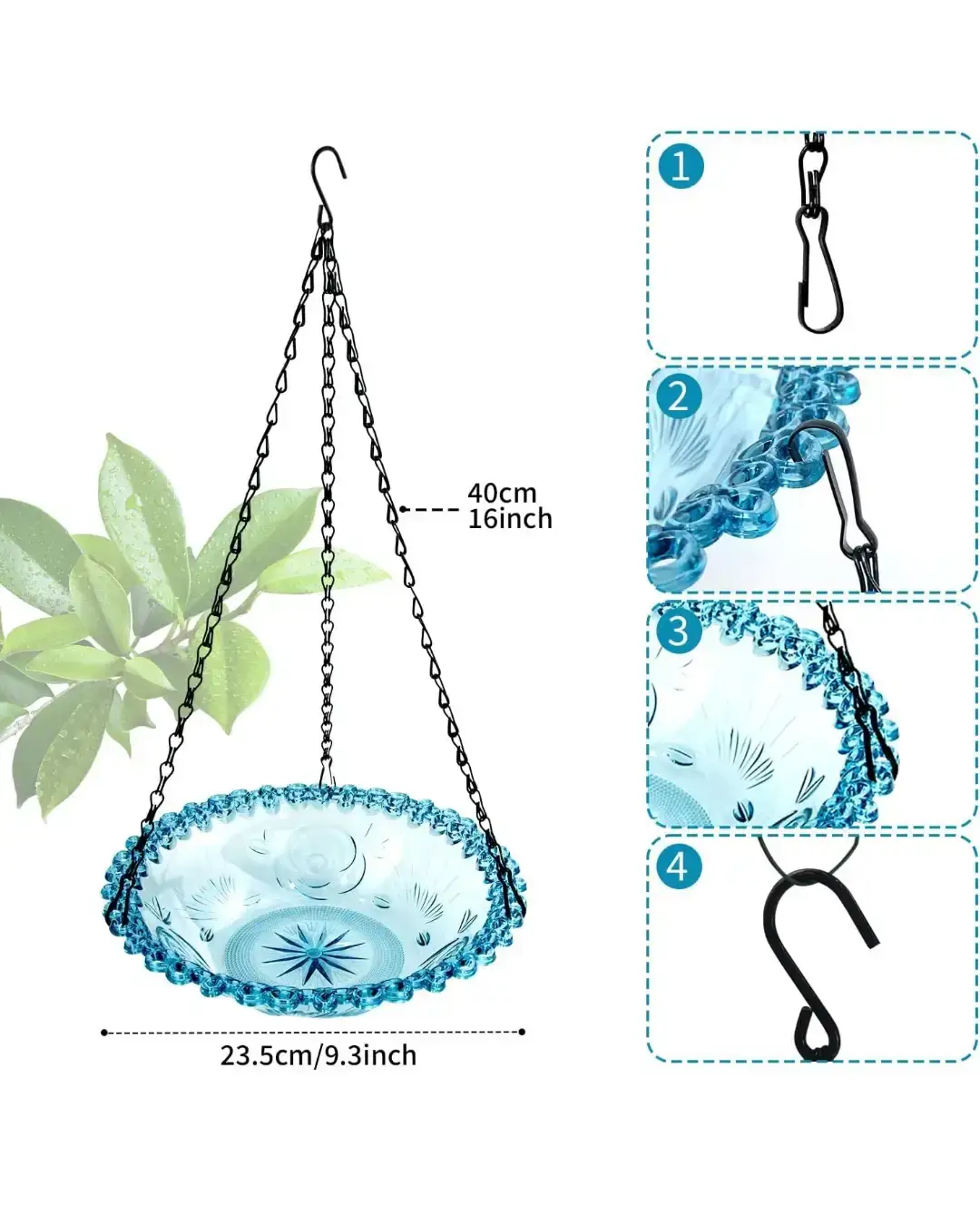 Bird Baths Hanging Outdoors Bird Water LightBlue 9.3inch - photo 4