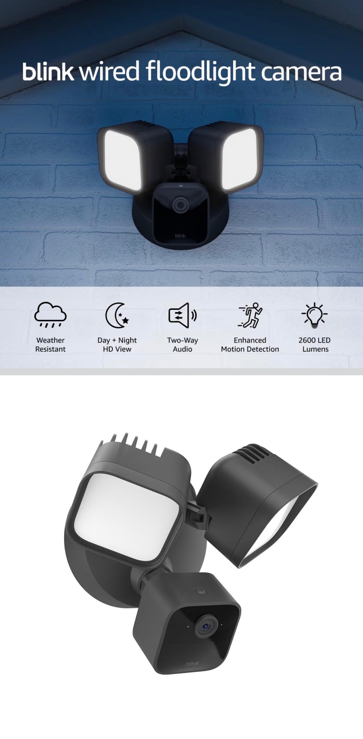 Blink Wired Floodlight HD Camera Smart Live, Motion Detec, Siren