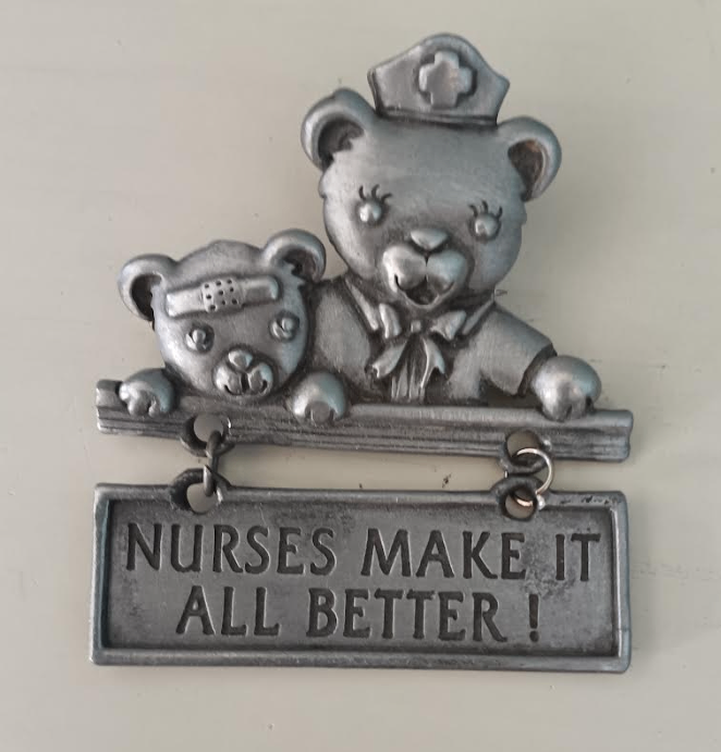 Vintage JJ Jonette Jewelry Pewter Teddy Bear Nurse Brooch Pin