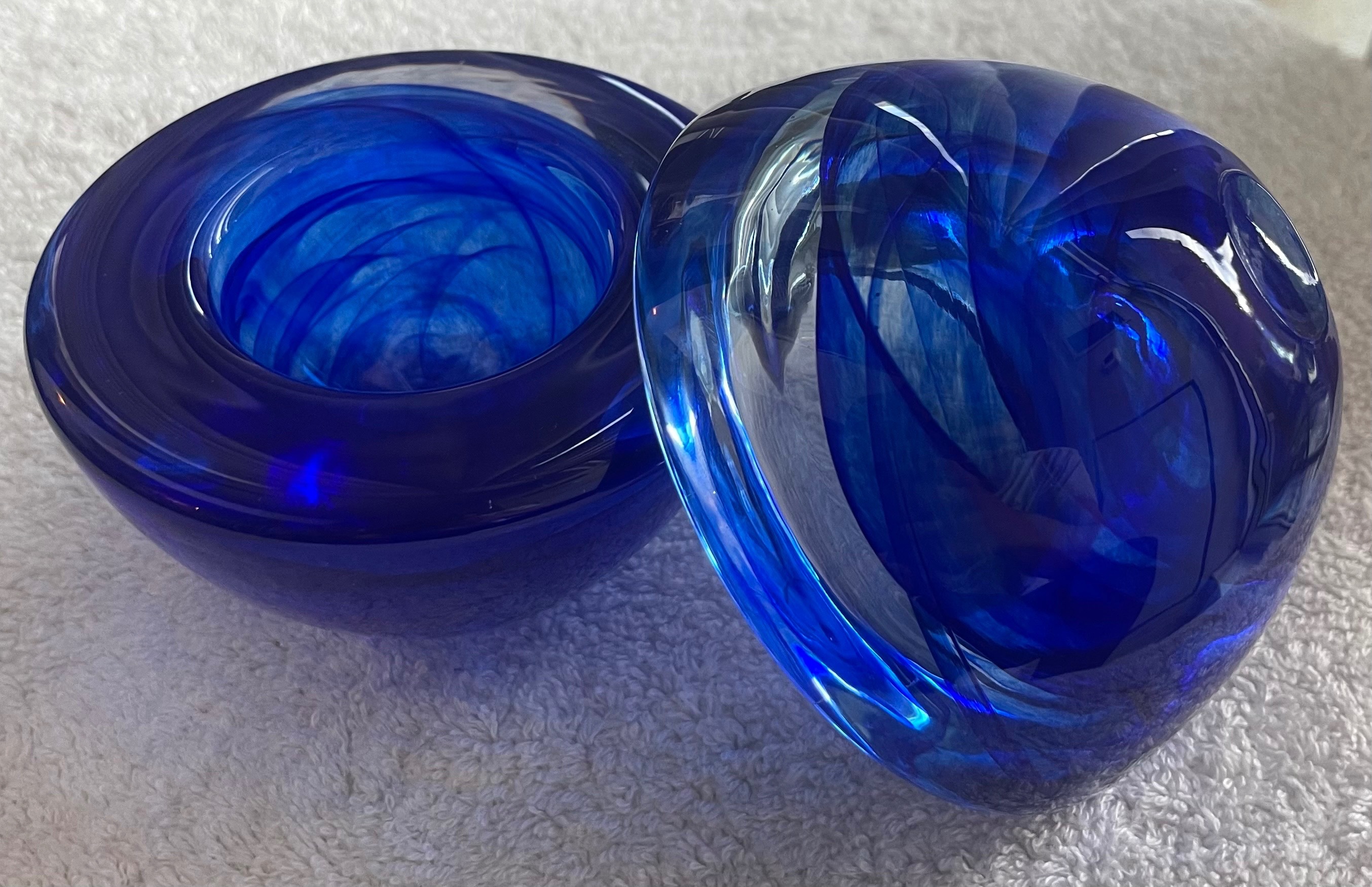 Pair of Kosta Boda Cobalt Blue Swirl Crystal Votives