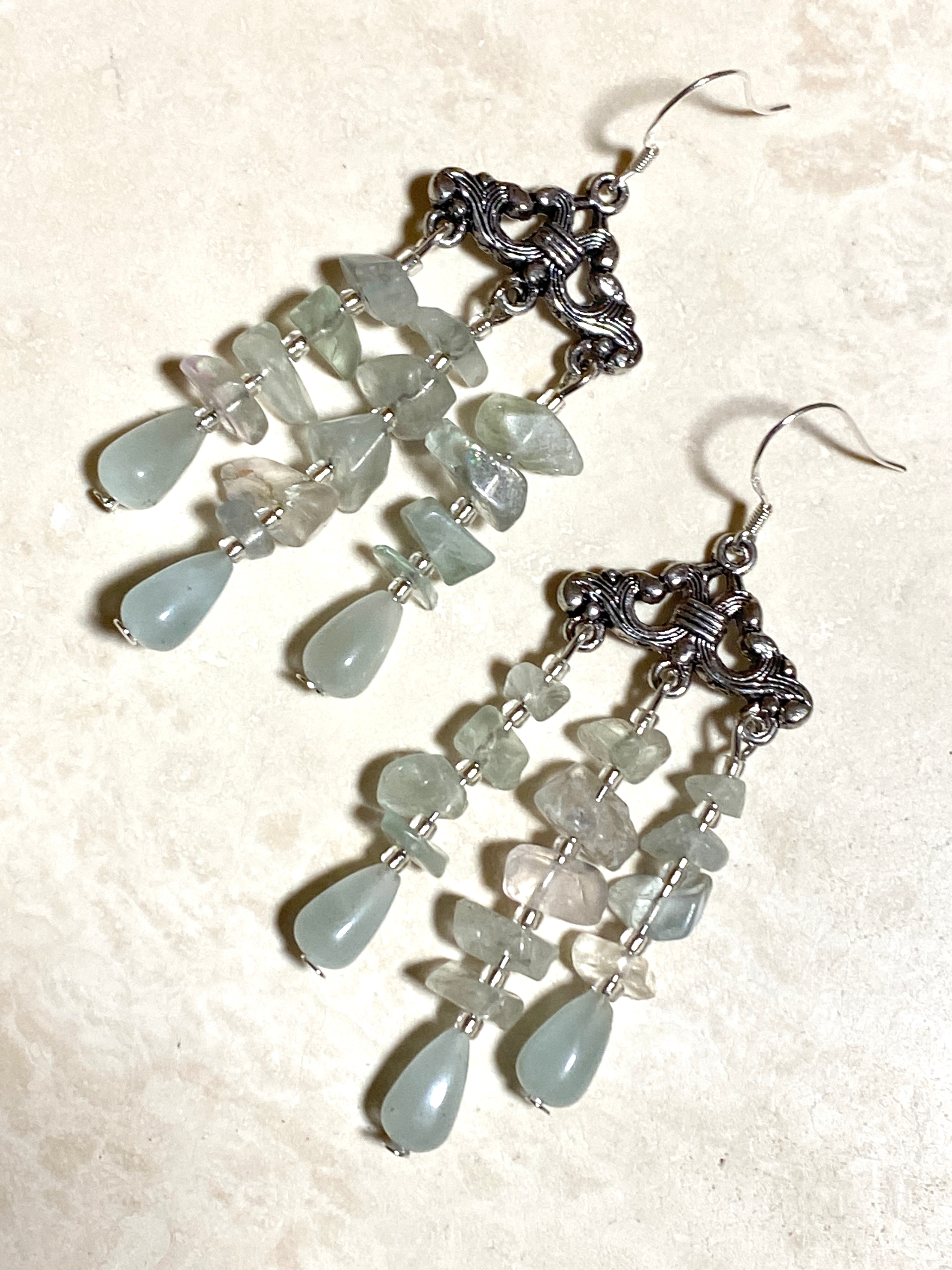 Light Green Fluorite Chalcedony Chandelier Earrings, 925 Hooks - photo 2