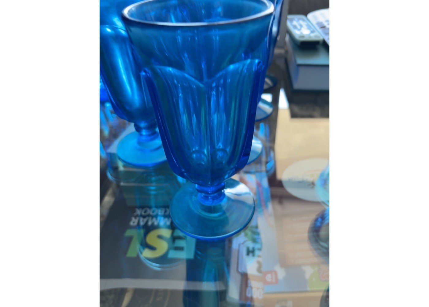 Set of 7 Tall Blue Pedestal Goblets