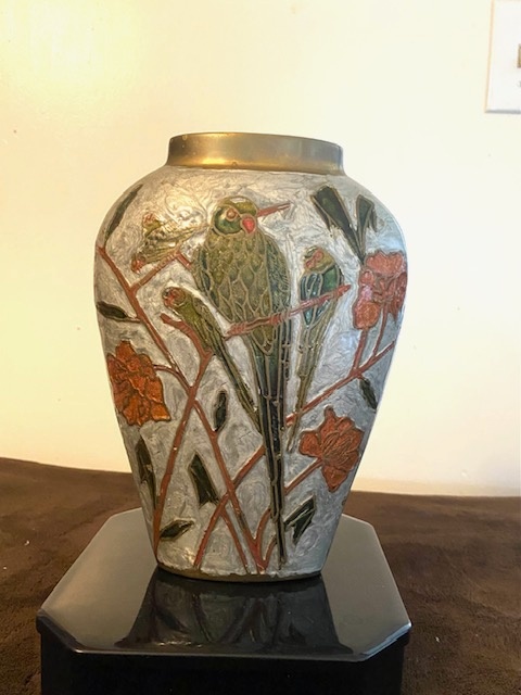 Vintage Brass Enameled Vase 8.5"