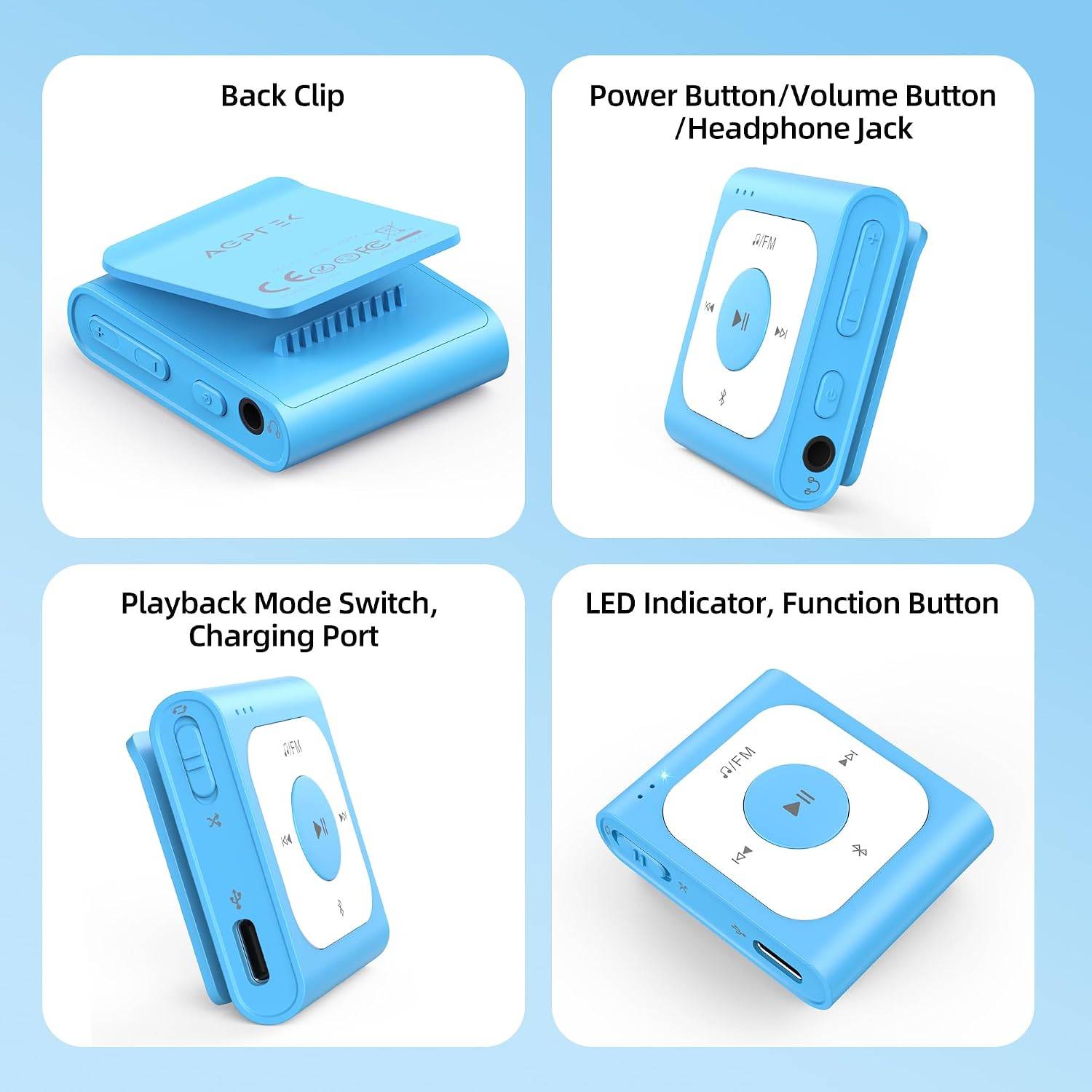 Mini Clip MP3 Player with Bluetooth 5.3 & FM Radio (Blue) - photo 3