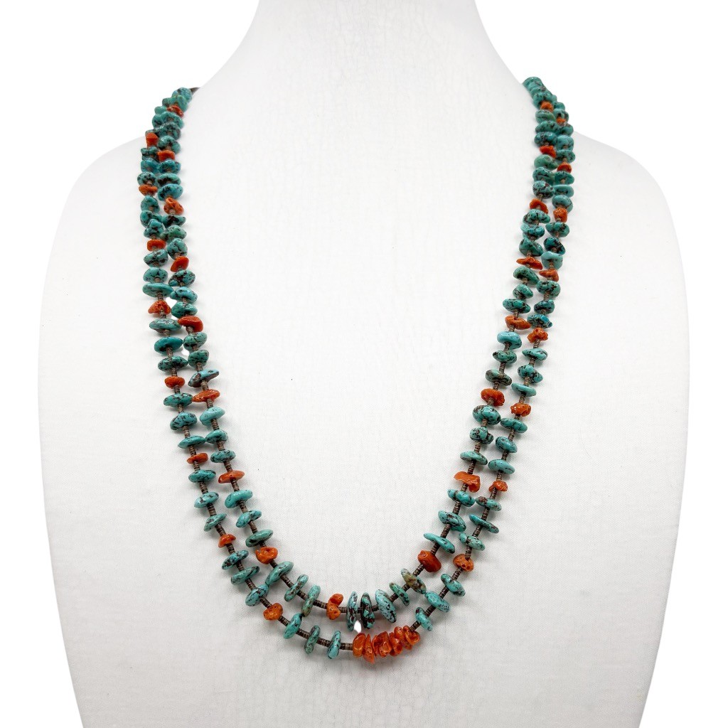 Old Navajo Turquoise Coral Heishi shell bead necklace - photo 2