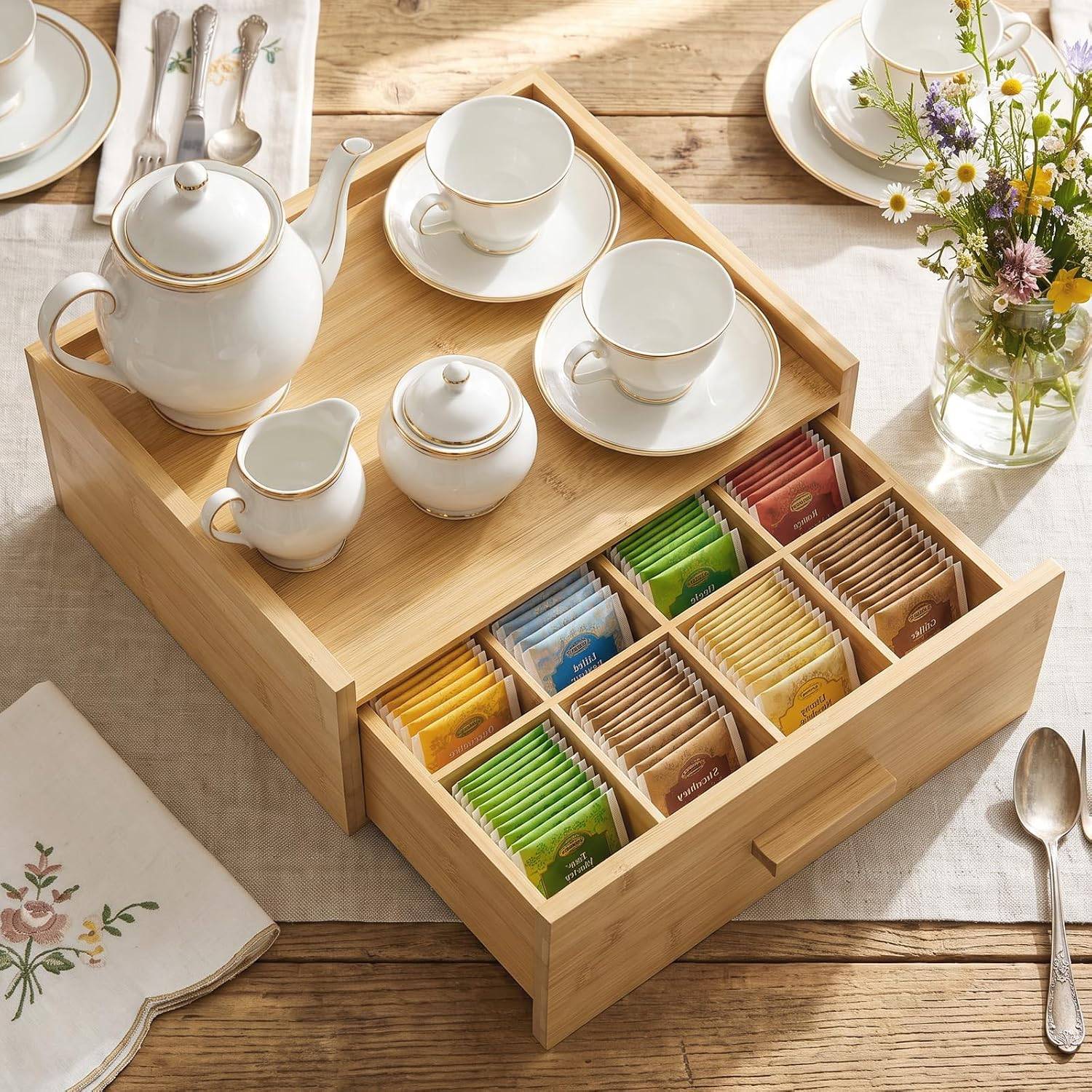 Bamboo Tea Bag Organizer Box with Drawer Oak - photo 2