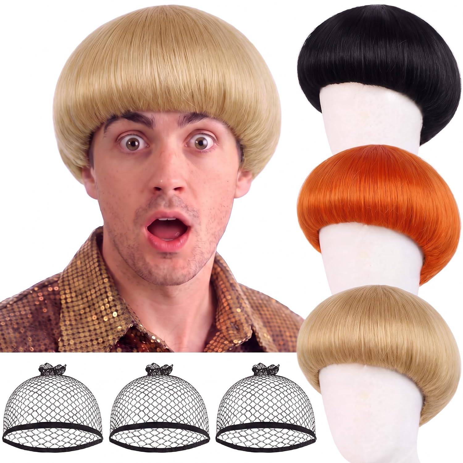 NEW~ 3 Pc Bowl Cut Wig Set + 3 Caps – Men & Women