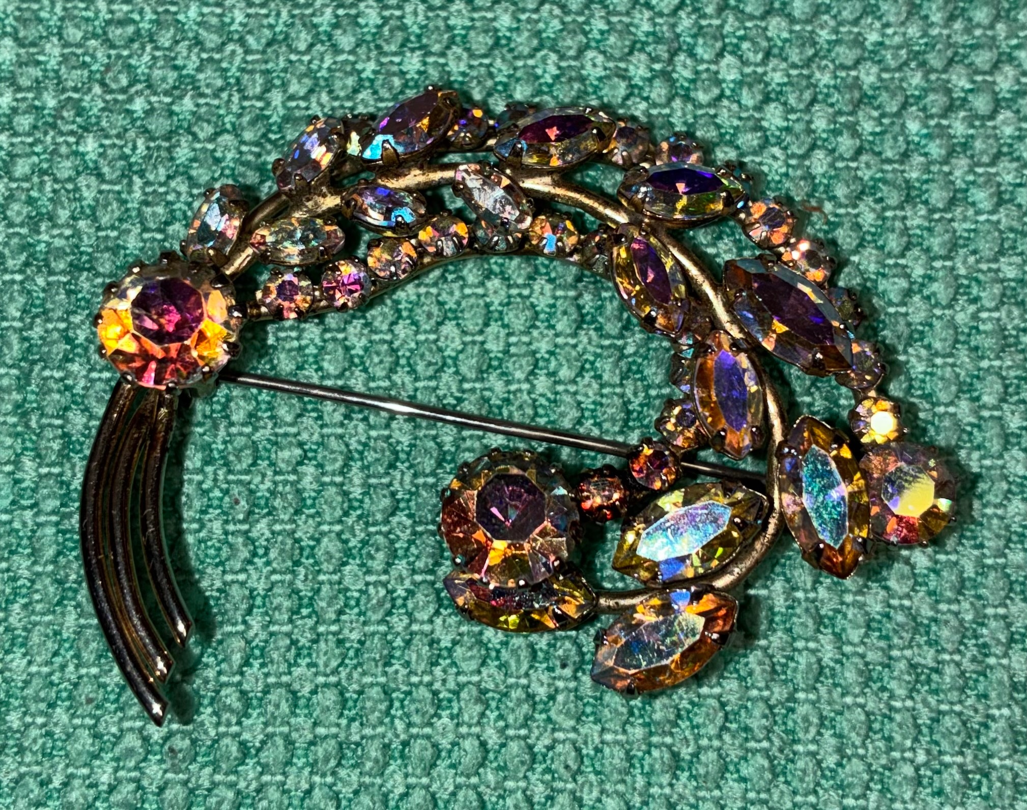 Vintage signed Sherman Crescent Swirl Aurora Borealis Brooch