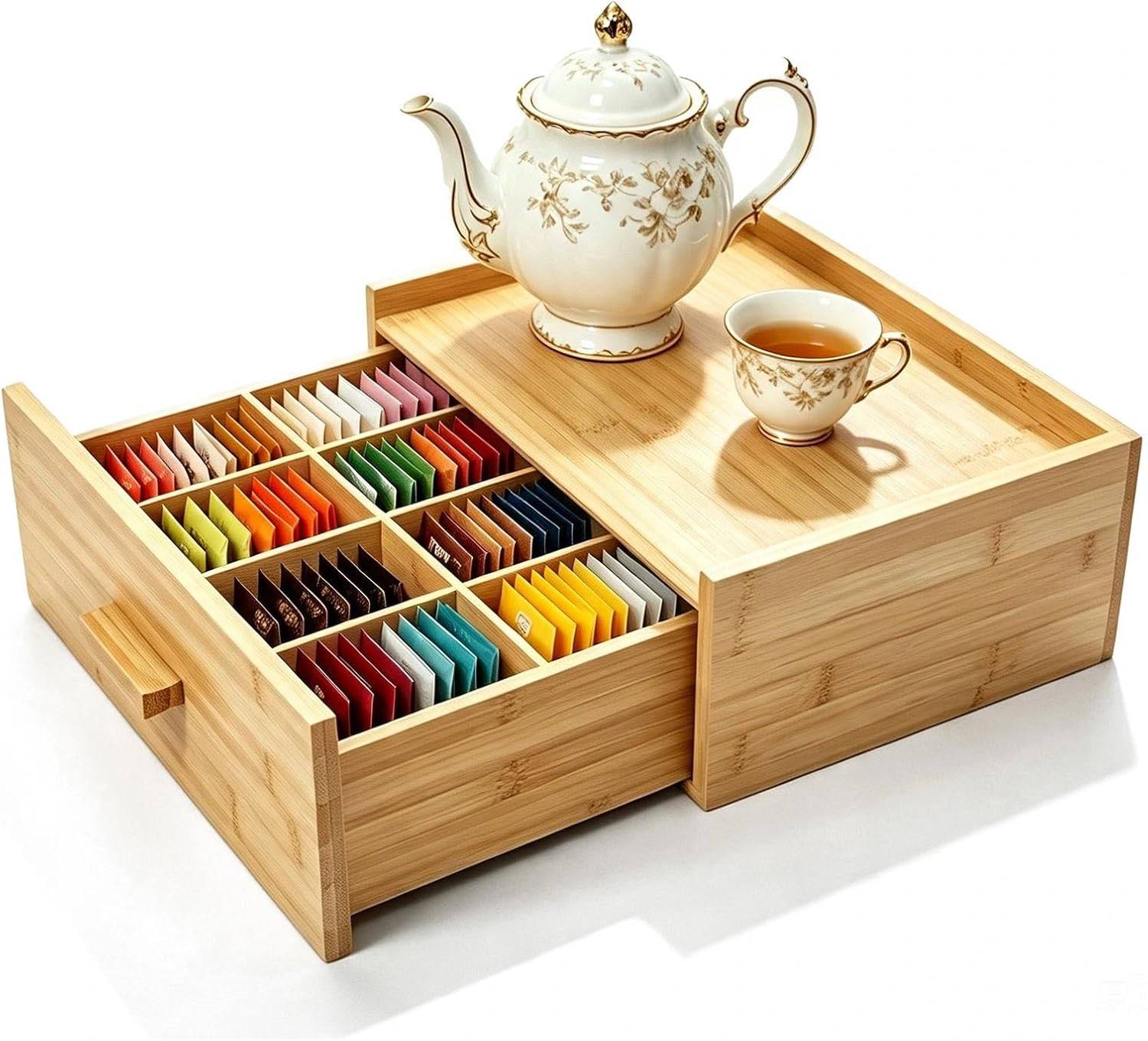 Bamboo Tea Bag Organizer Box with Drawer Oak