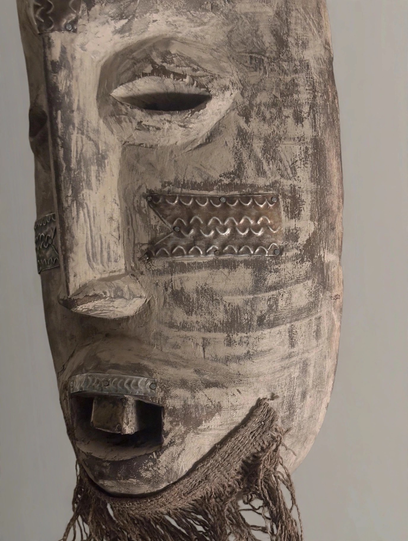 Large 18in Tribal Mask, Metal Plated with Nails, Beard - photo 4