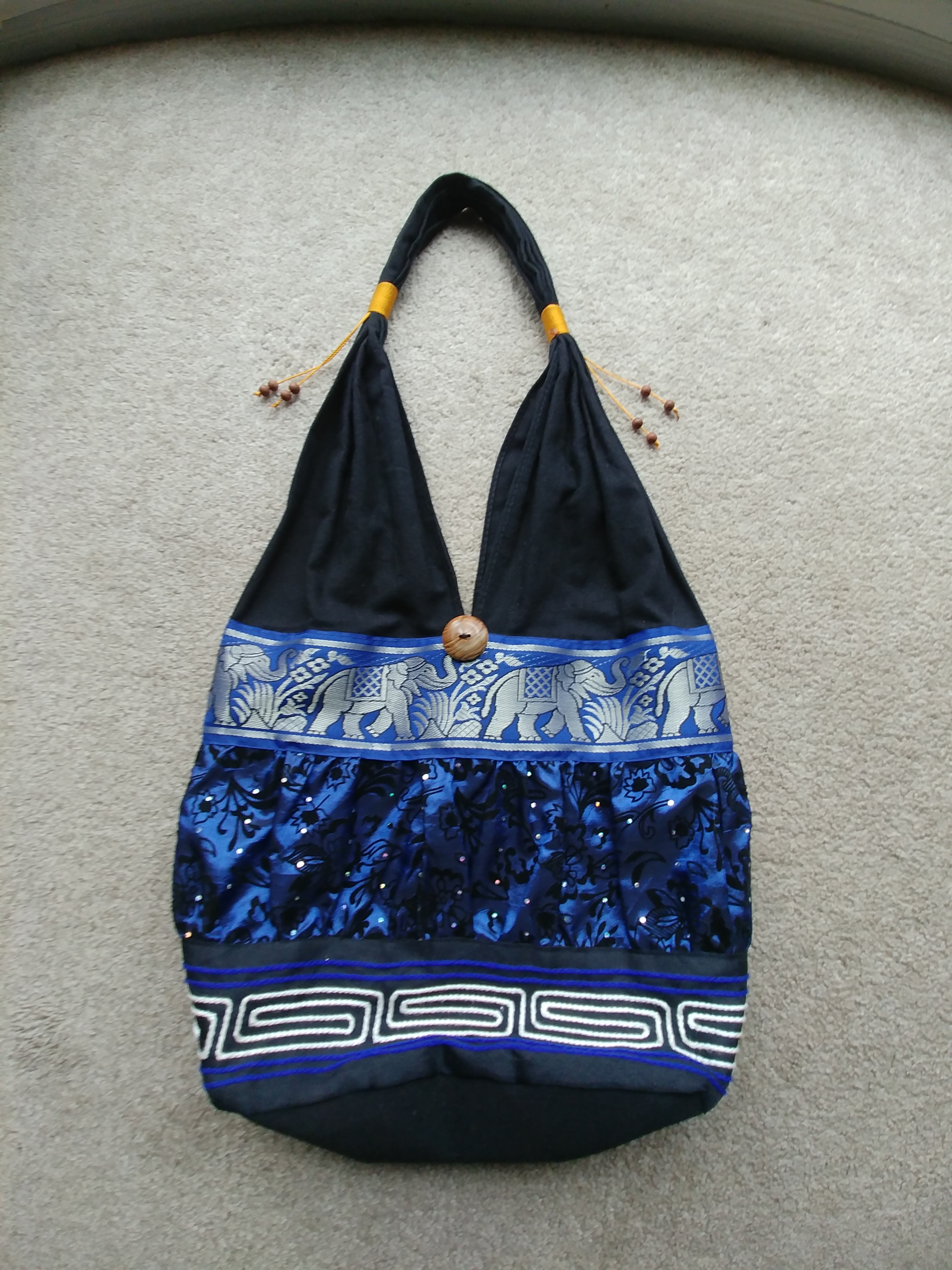 Unique Cotton Bag, Elephant Motif, Wooden Bead Accents.