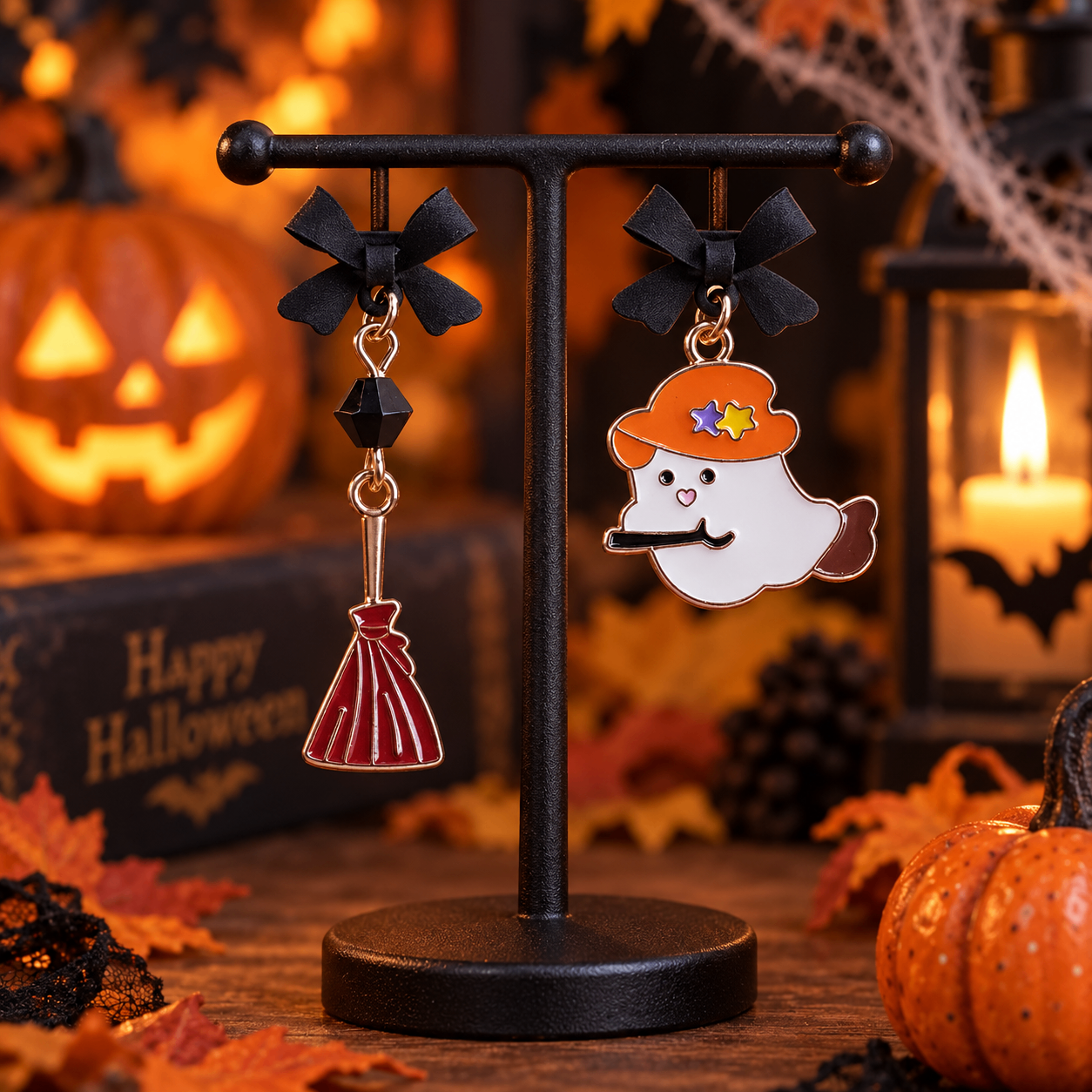 S925 Halloween Witch & Ghost Asymmetrical Earrings