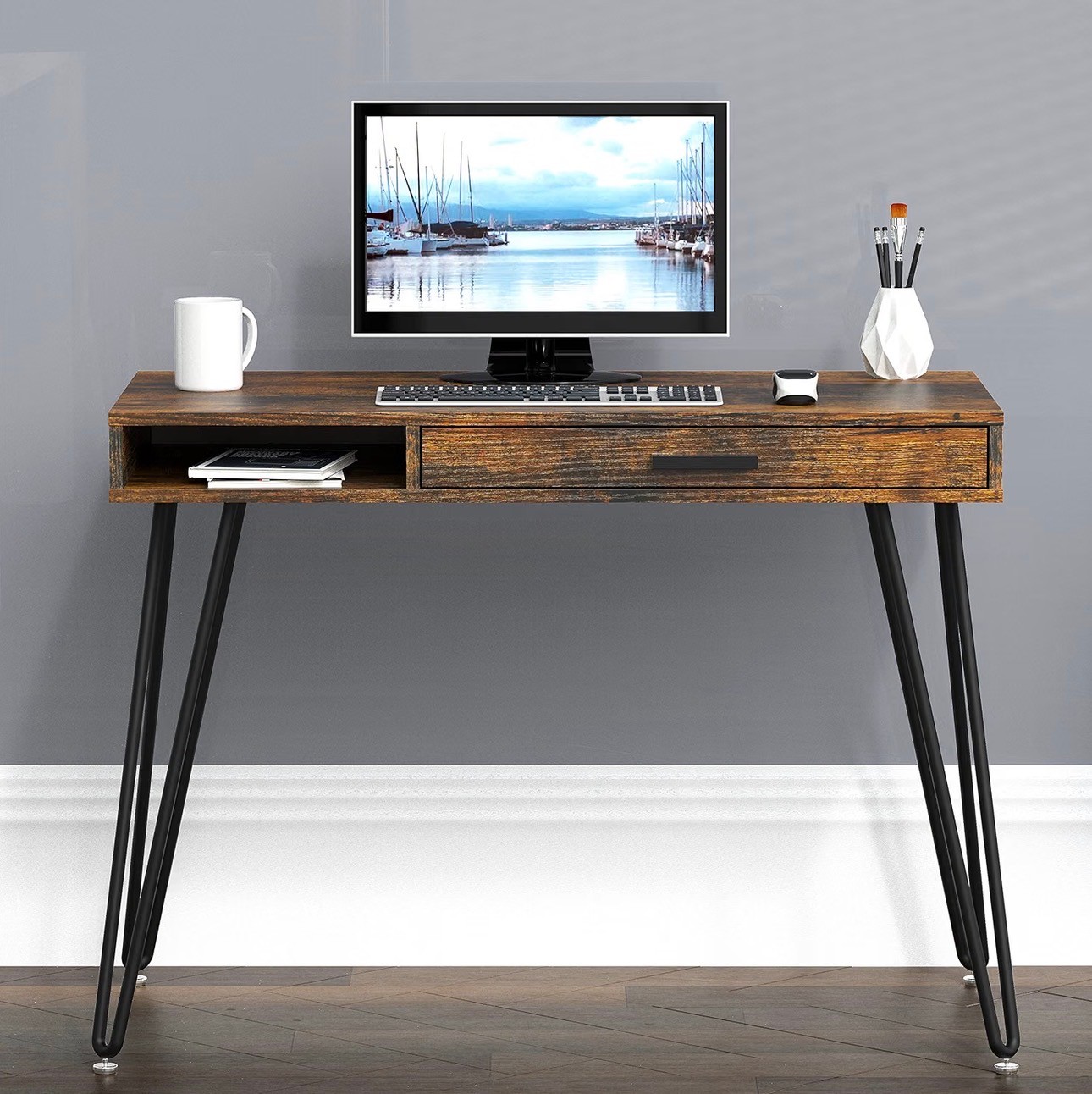 NEW: SHW Home Office Hairpin Leg Desk with Drawer Rustic Brown