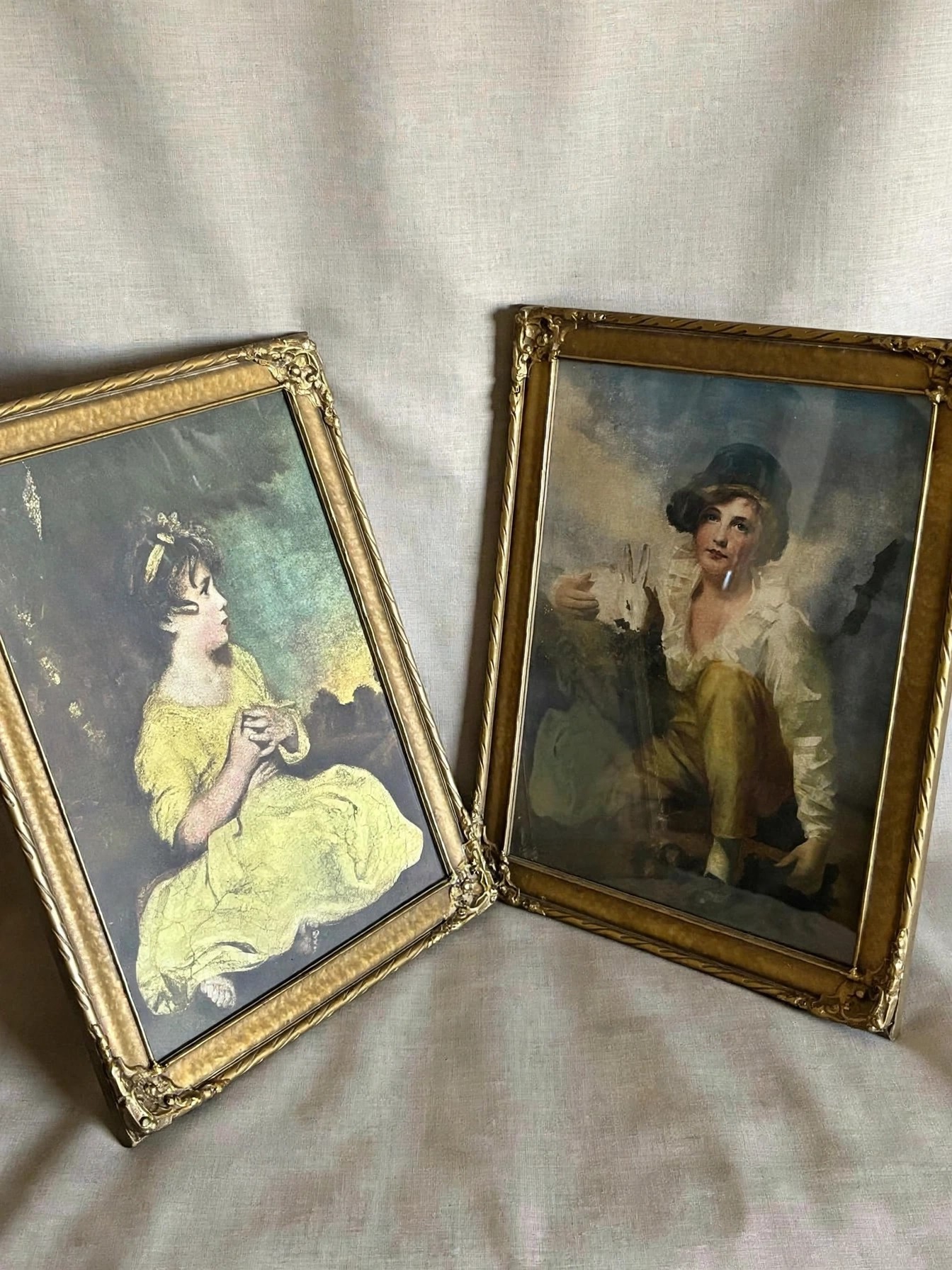 Vintage Gold Framed Portrait Prints Pair, Child Portraits