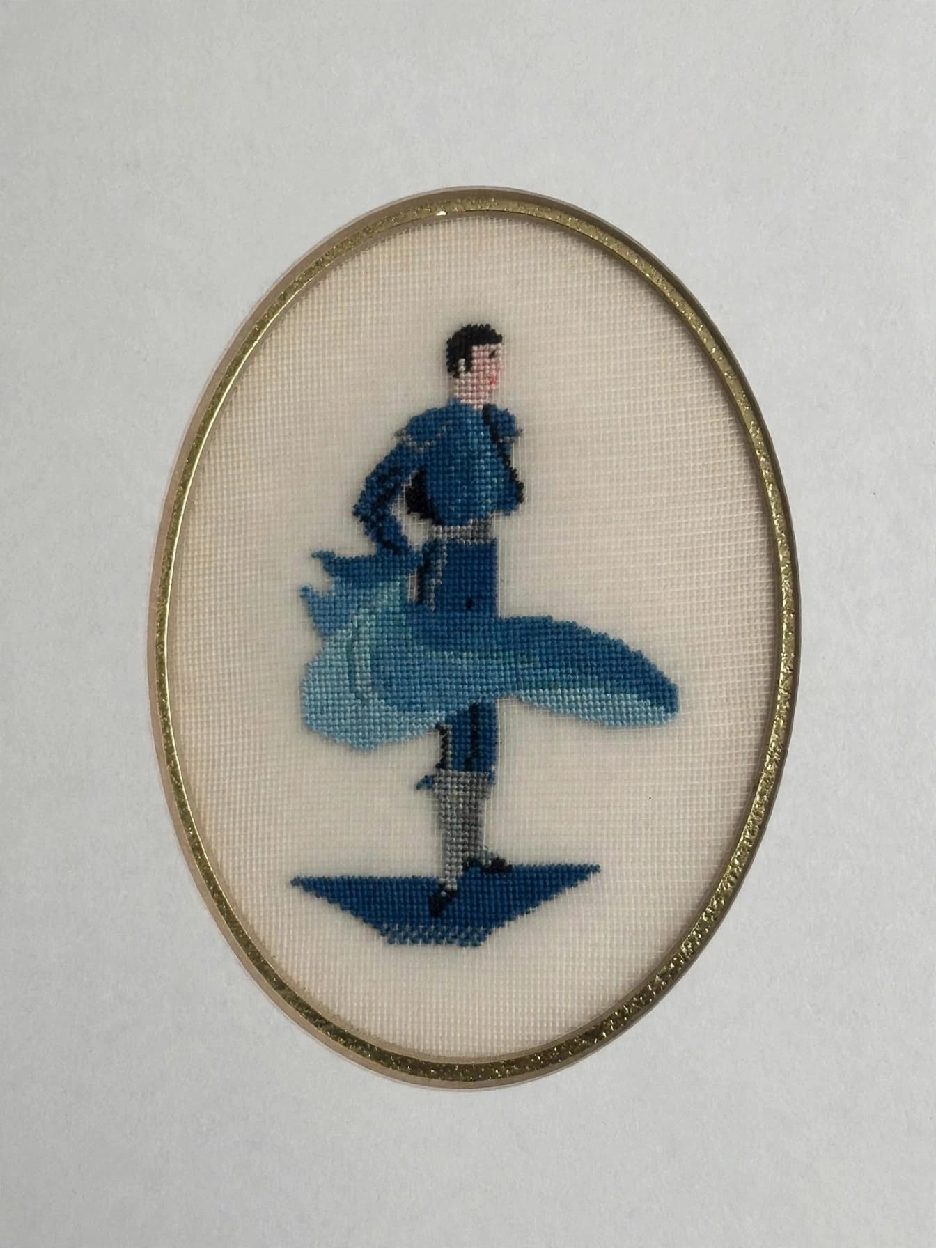 Vintage Framed Cross-Stitch Couple Blue Period Clothing Pair - photo 3
