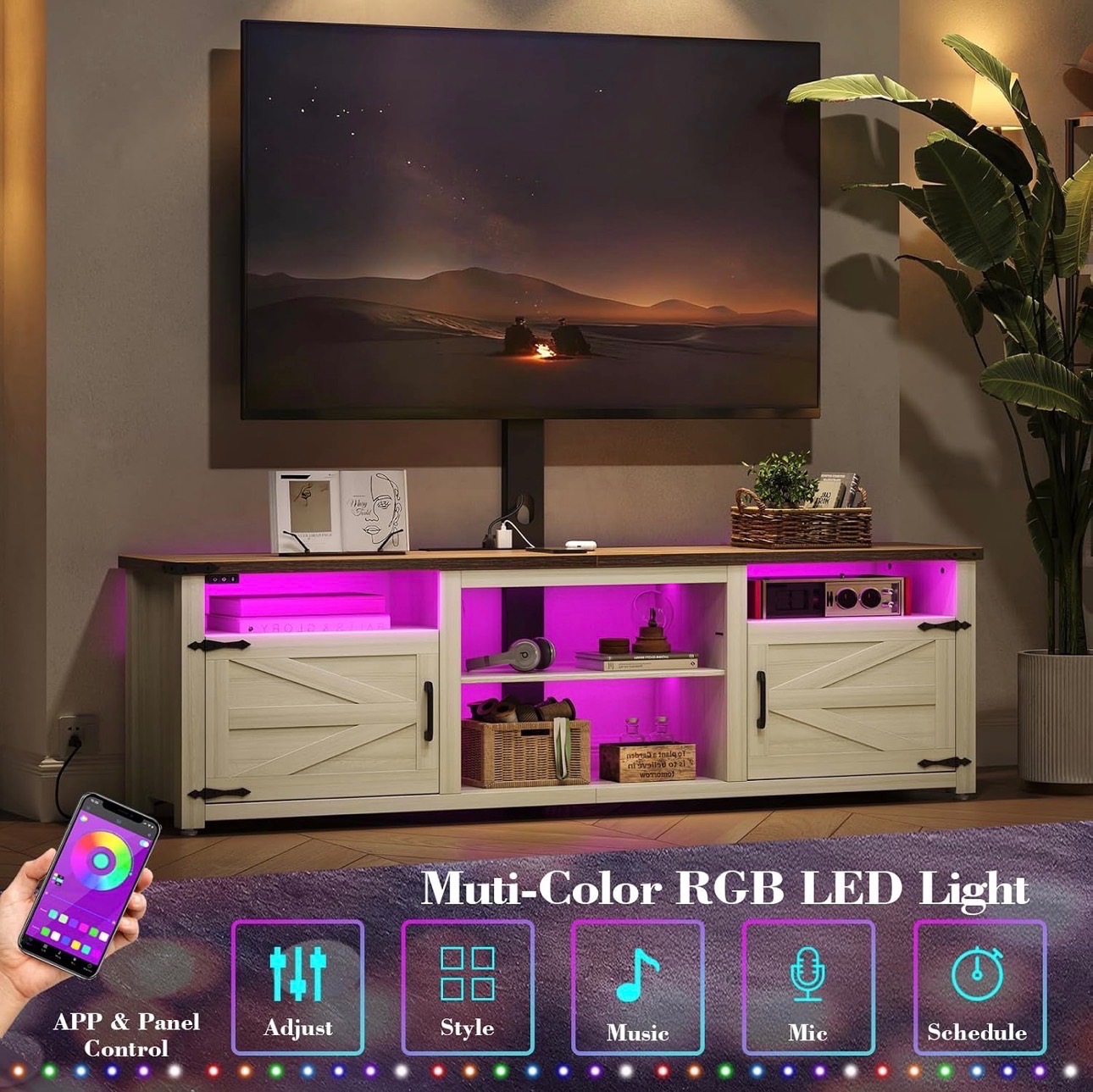 NEW: TV Stand with Mount Charging & LED Lights Storage Up to 70" - photo 3