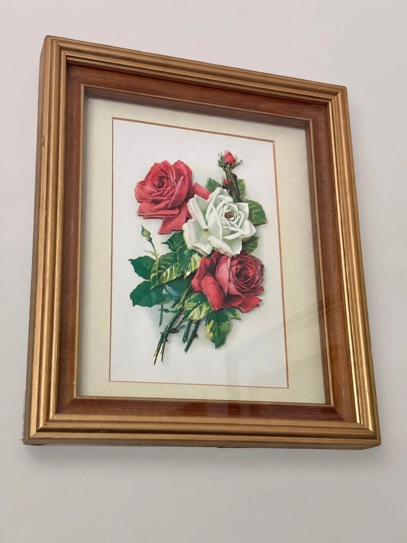 Vintage 3D Paper Tole Rose Bouquet Artwork Gold Wood Frame