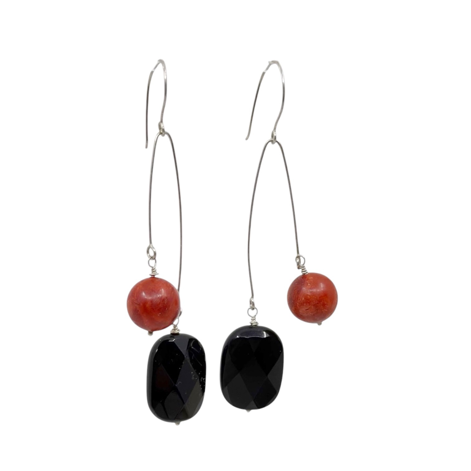 Hand Made sterling silver onyx & coral earrings - GM7 - photo 2