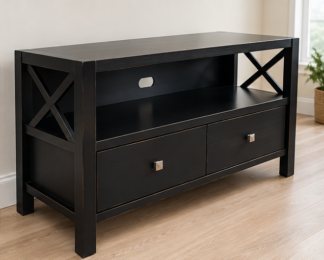 Black Solid Wood TV Stand with 2 Drawers - photo 2