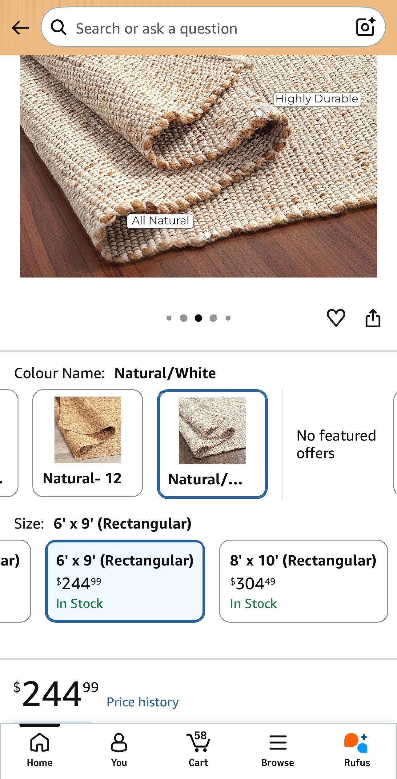 Jute Cotton Area Rug 6X9' Natural Handcrafted Vintage