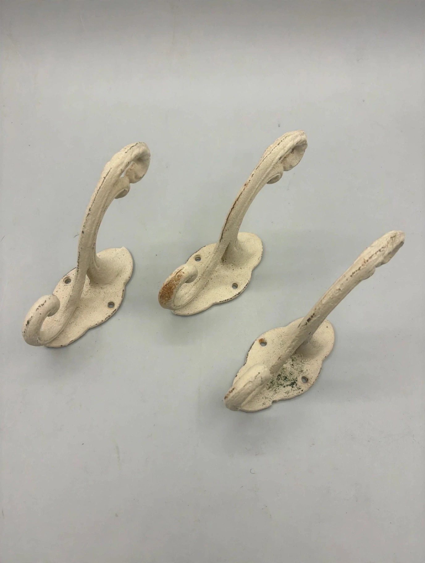 Three White Cast Iron Wall Hooks Farmhouse Coat Rack