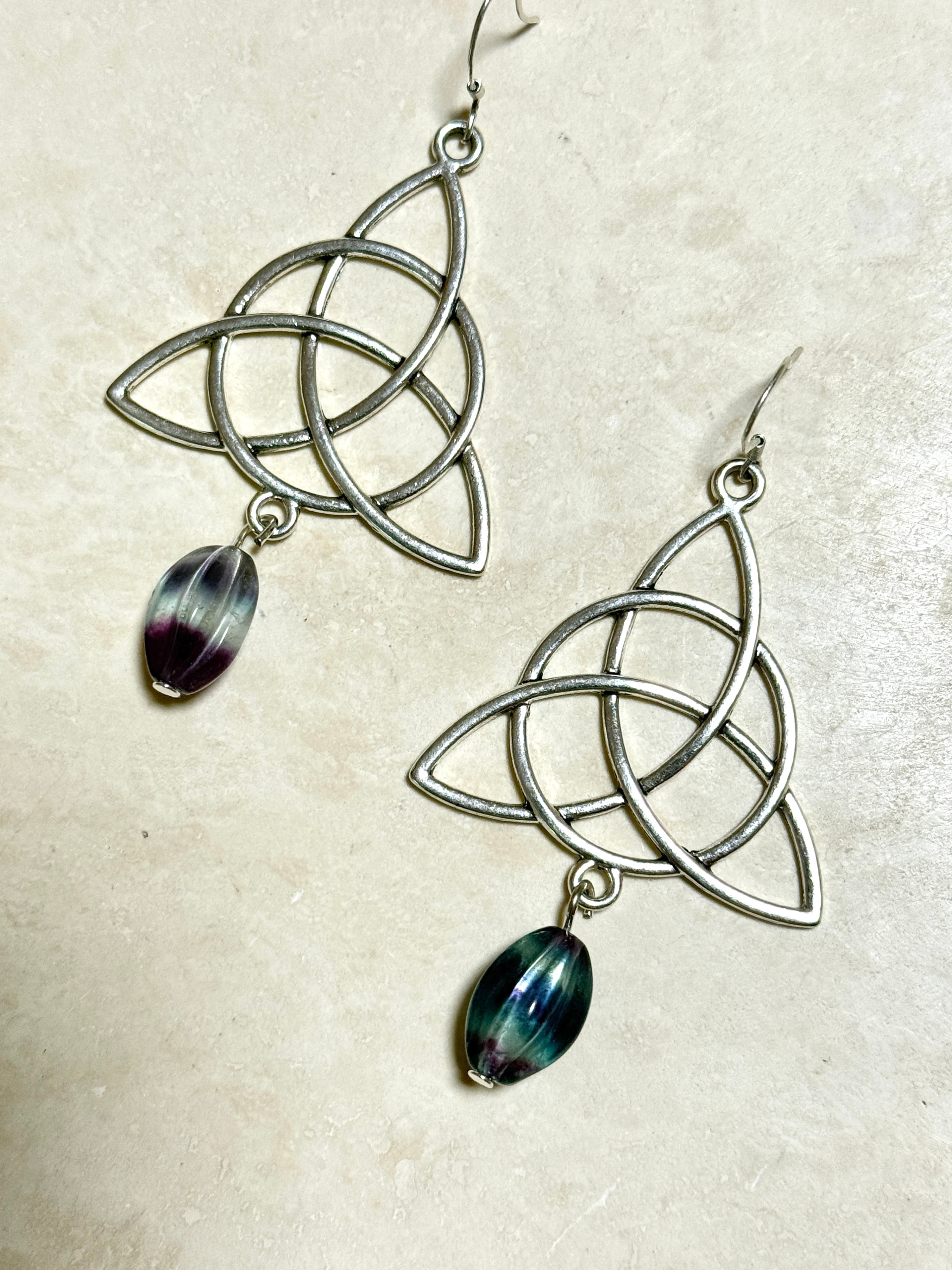 Rainbow Fluorite Celtic Trinity Earrings, 925 Silver Hooks - photo 2