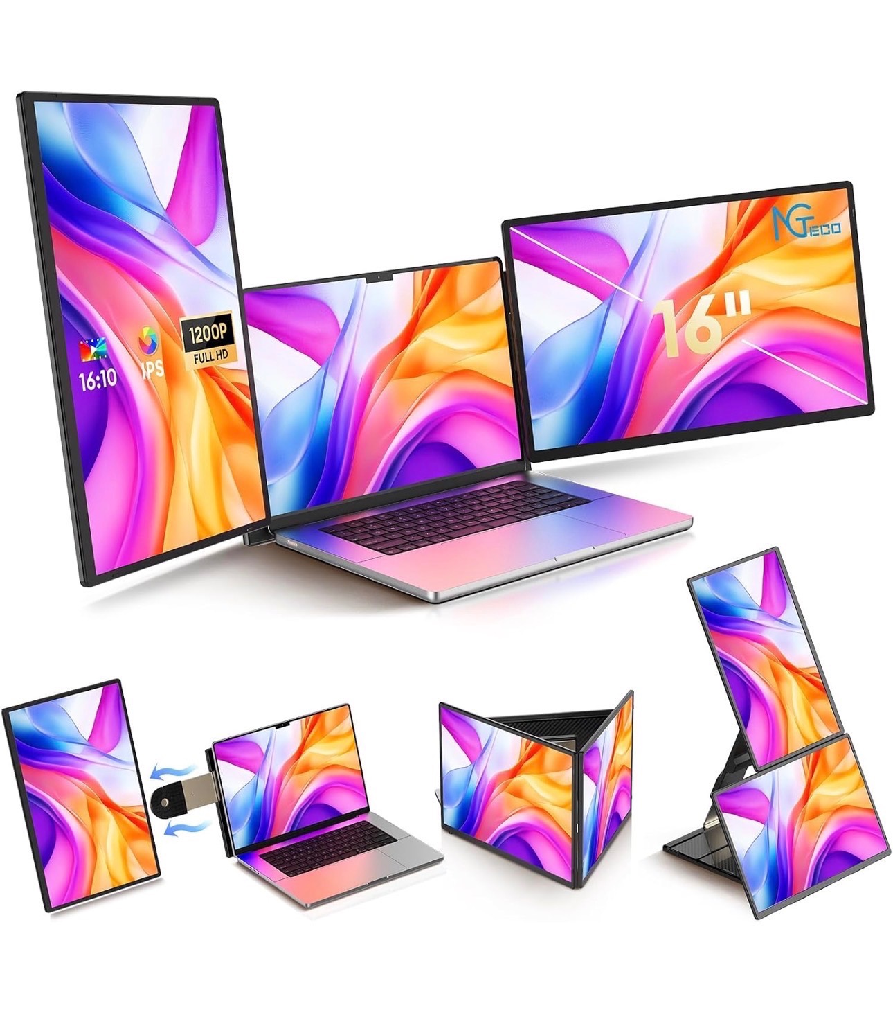 16" Triple Laptop Screen Extender 1200P IPS Portable Detachable - photo 2