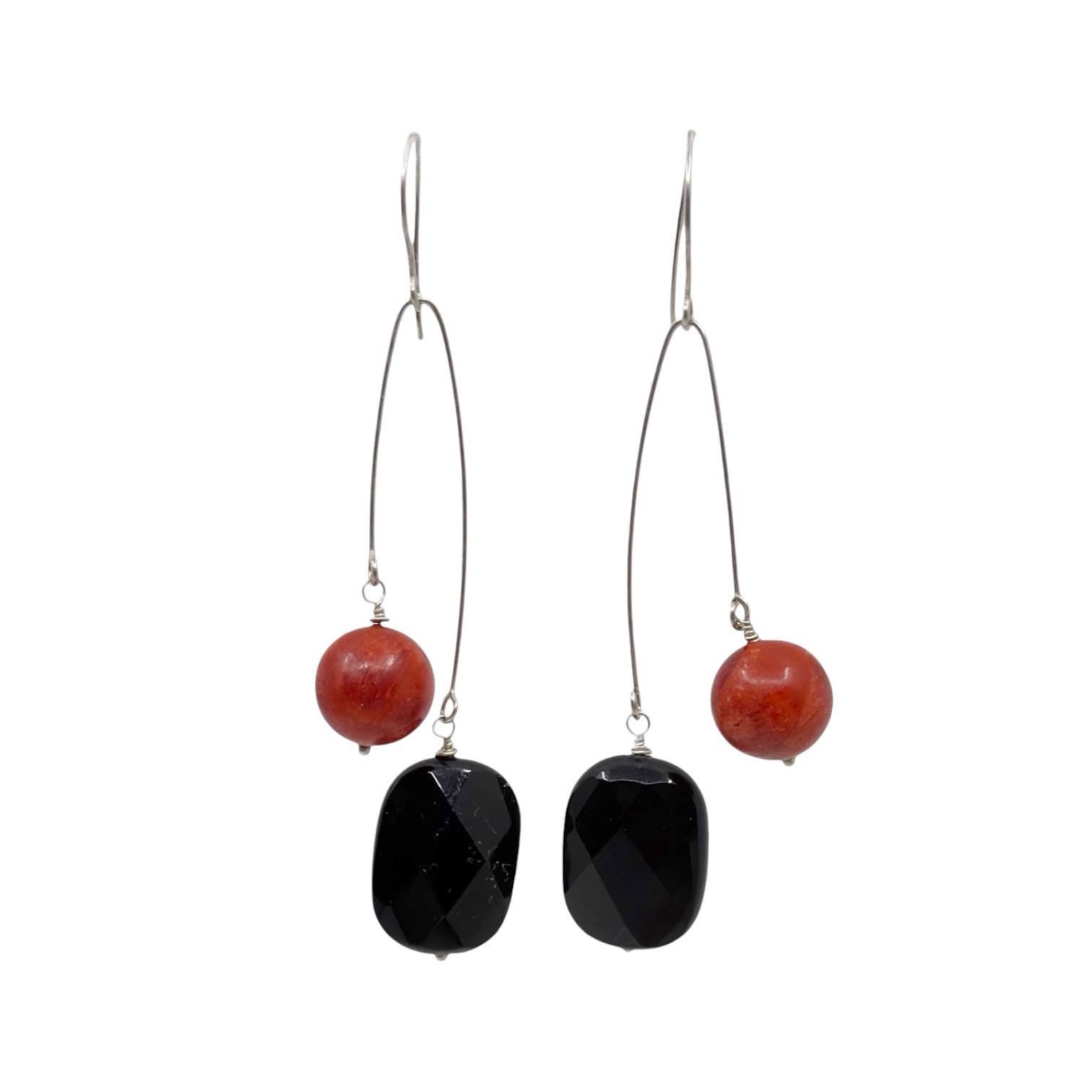 Hand Made sterling silver onyx & coral earrings - GM7