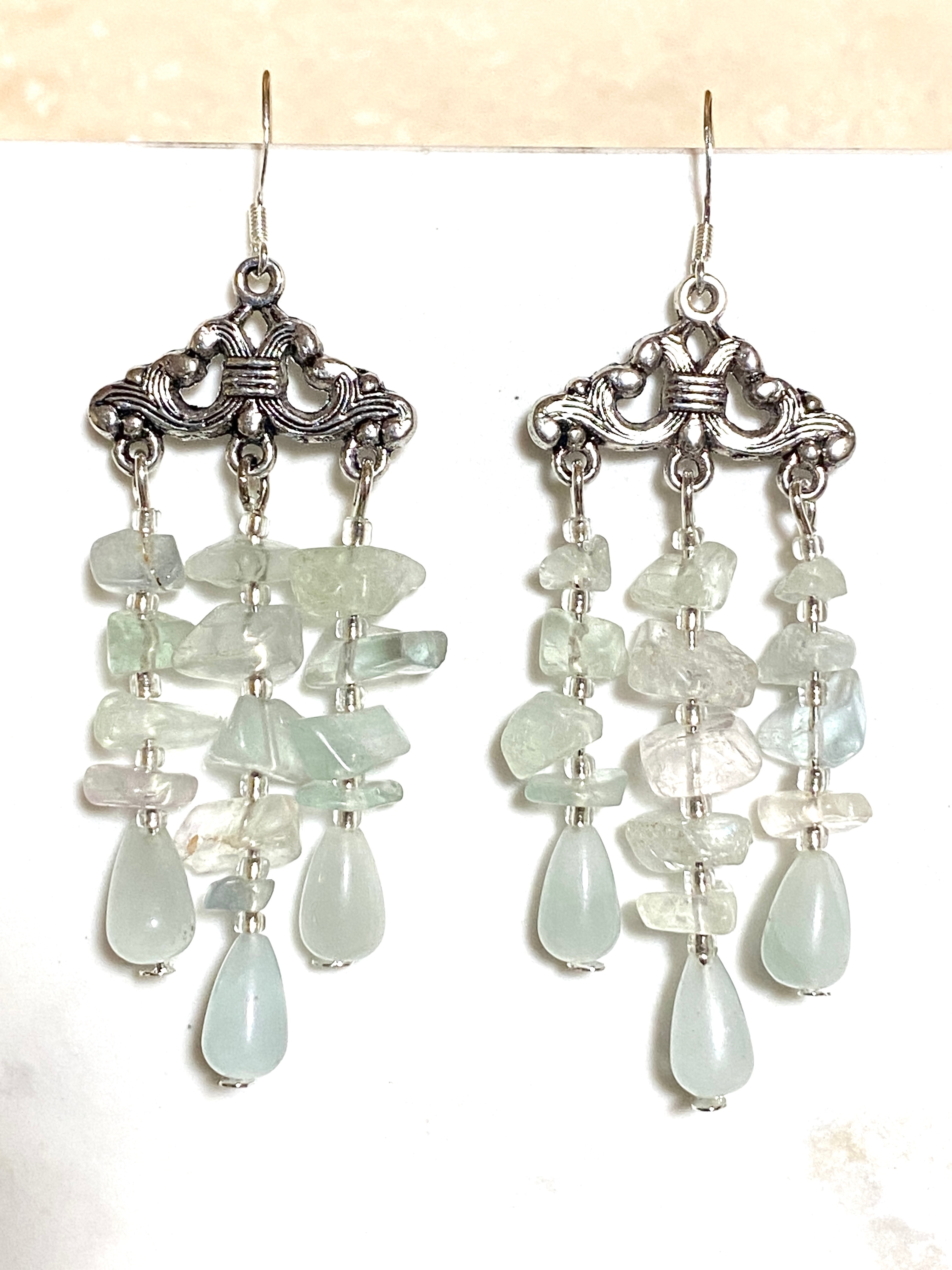 Light Green Fluorite Chalcedony Chandelier Earrings, 925 Hooks