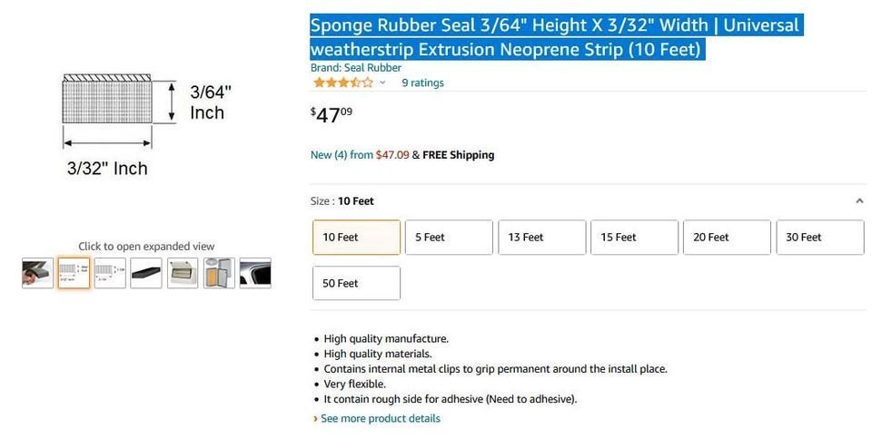 Seal, Sponge Rubber Seal 3/64" X 3/32", Universal Strip(10 Feet