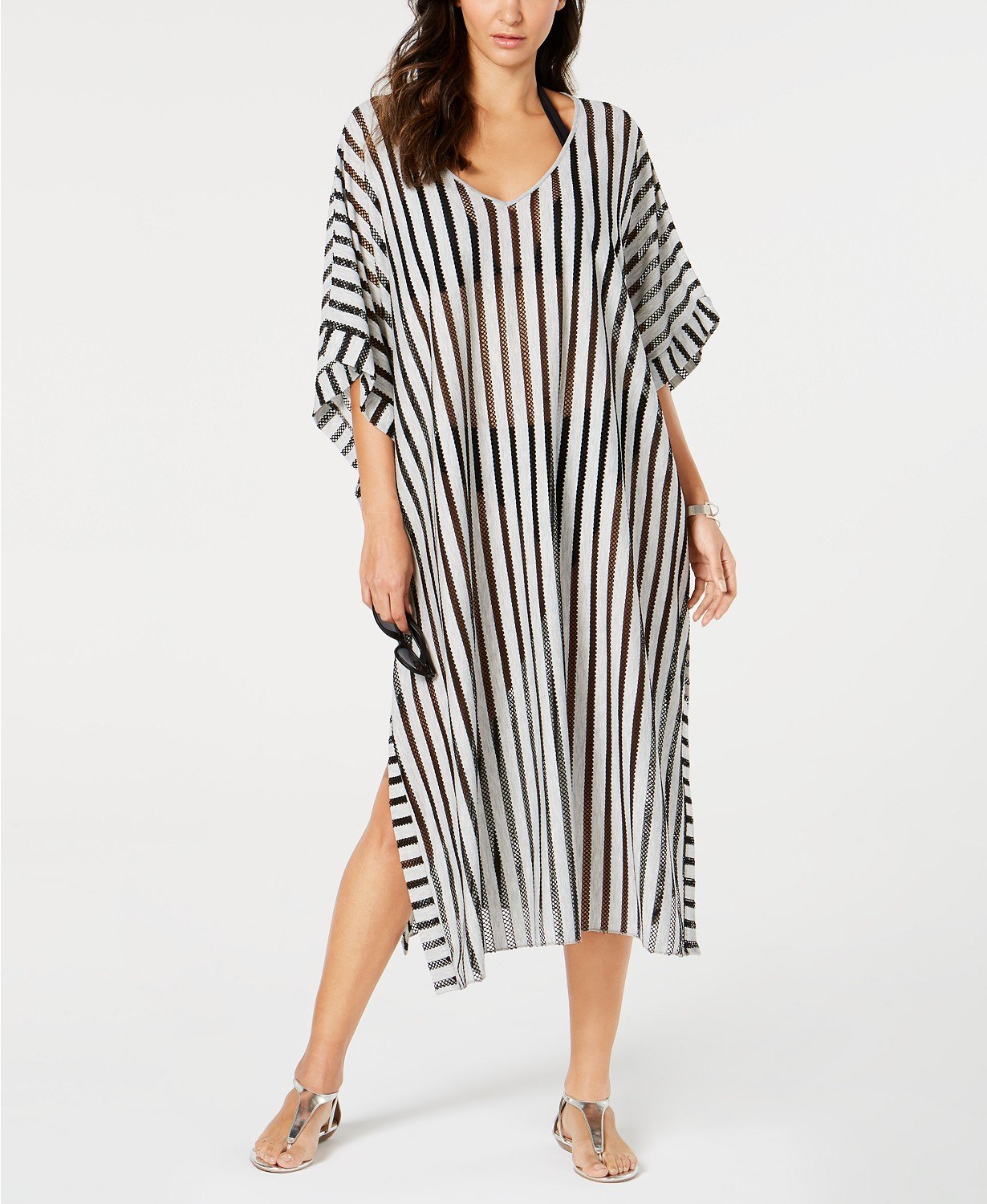 Calvin Klein Black and White Striped Mesh Kaftan Cover-Up