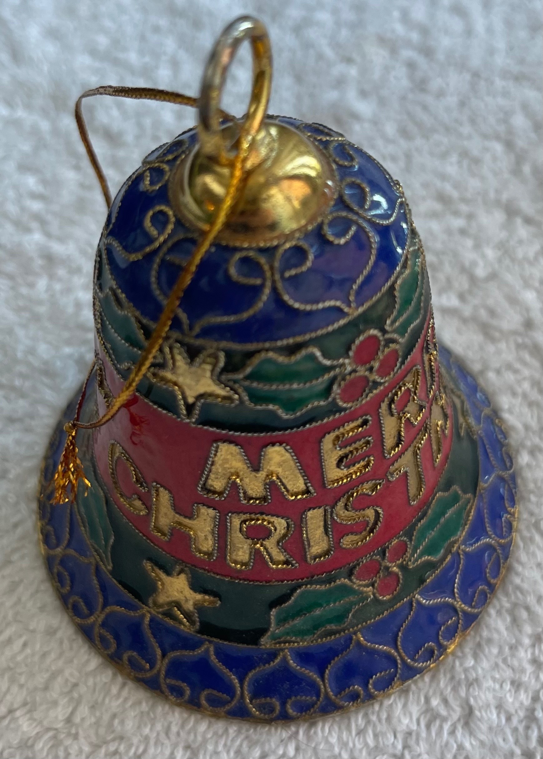 Vintage 3.5" Brass Cloisonné Christmas Bell Ornament - photo 2