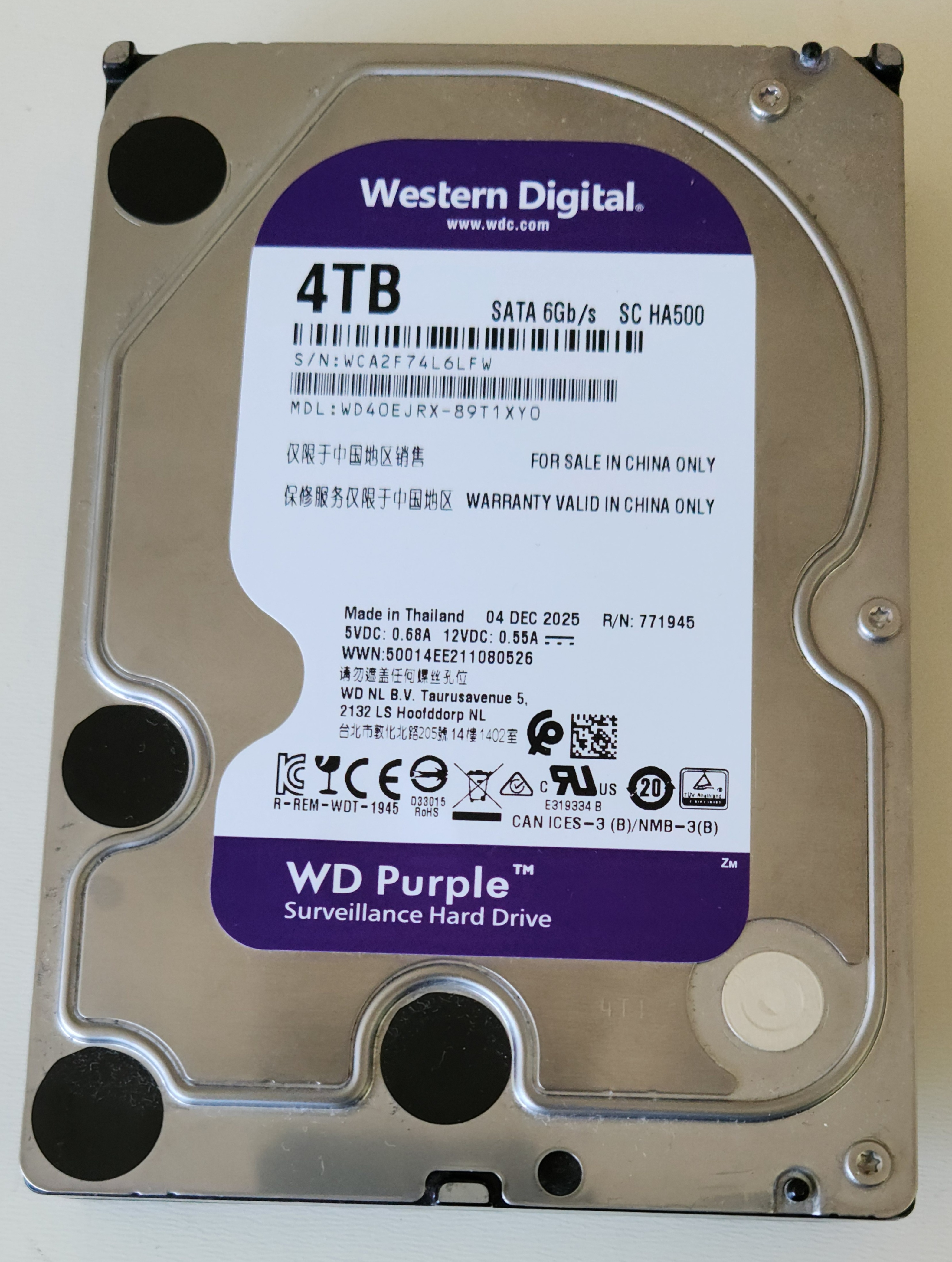 WD Purple 4TB Surveillance Hard Drive (WD40EJRX) – Spins Up