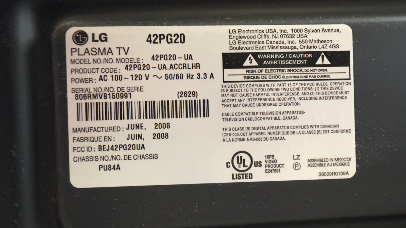 42" LG Plasma TV (42PG20) with Stand – Works - photo 4