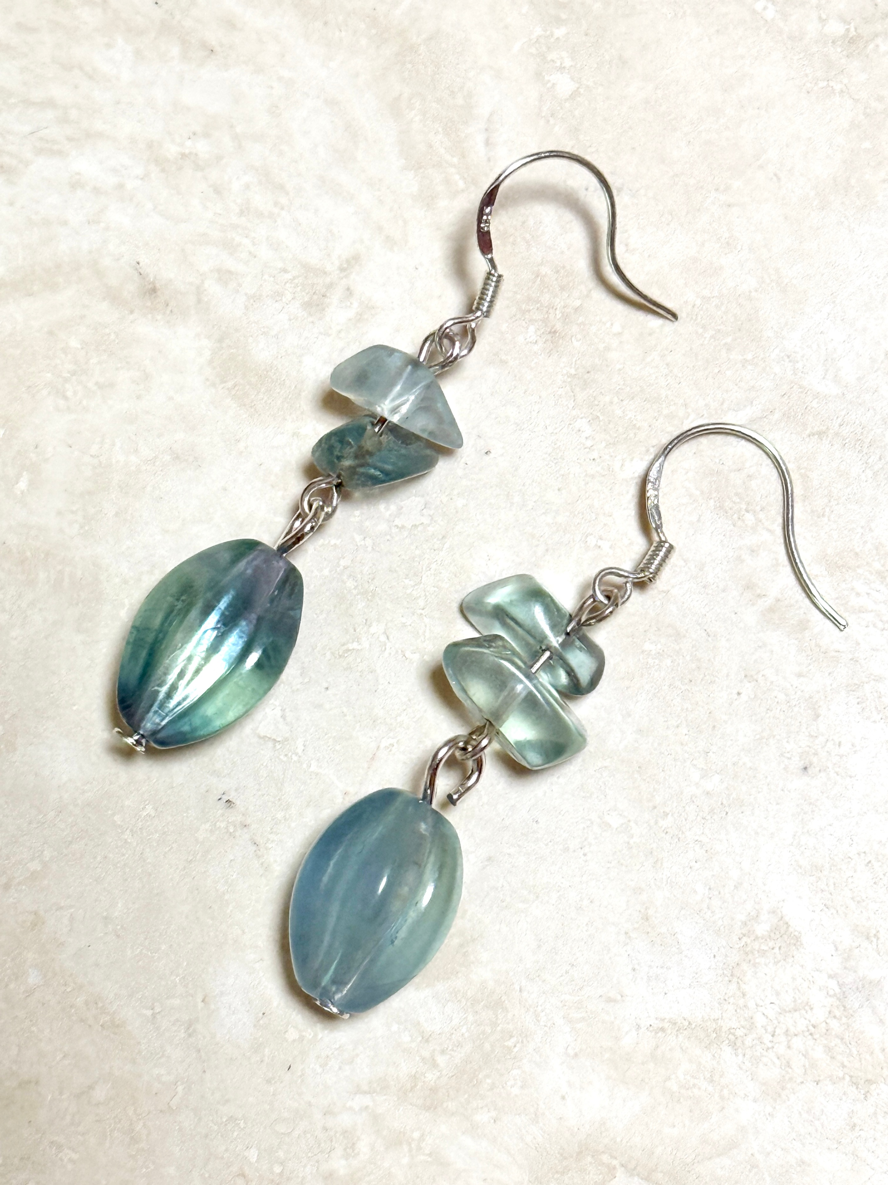 Natural Teal Fluorite Earrings, Gemstone & Sterling Silver Hooks - photo 2