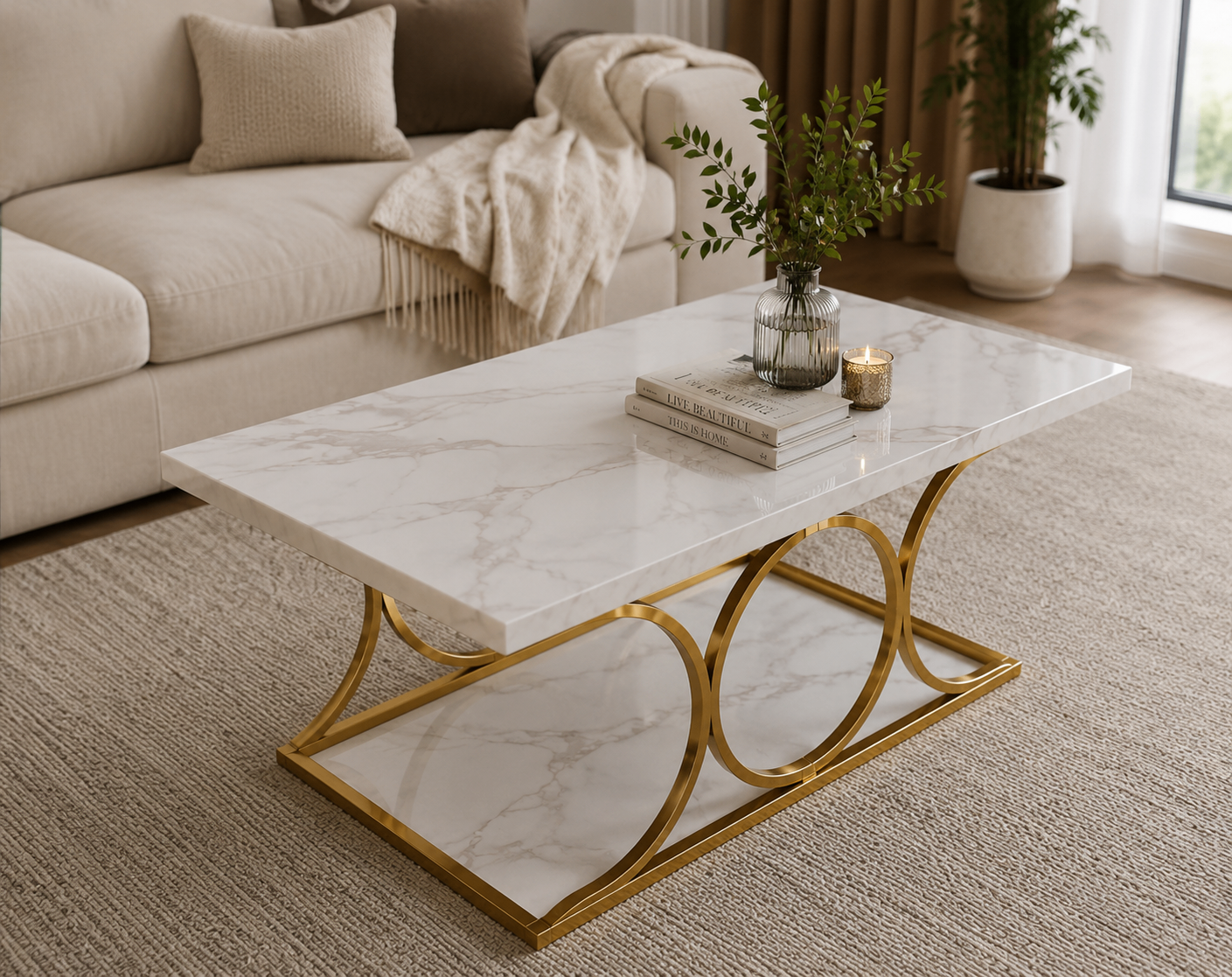Modern White Coffee Table – Marble-Look MDF | Gold Accent Frame