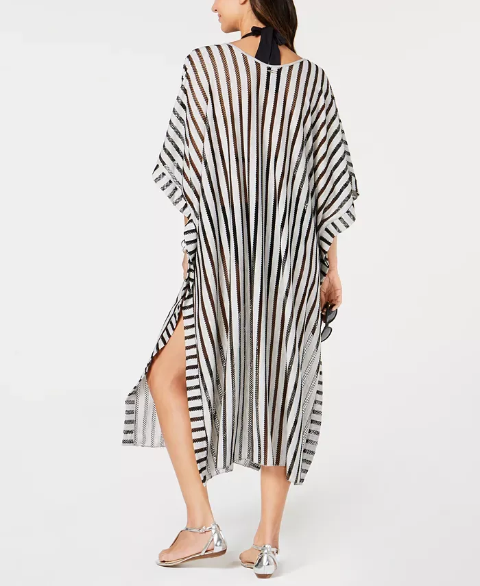 Calvin Klein Black and White Striped Mesh Kaftan Cover-Up - photo 2