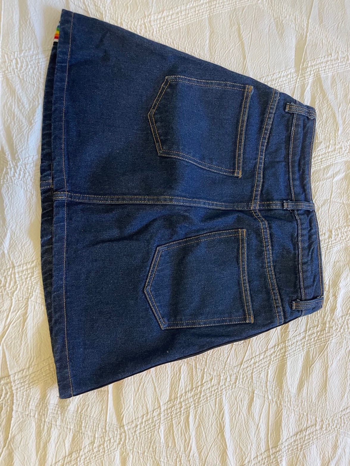 Dark wash denim mini skirt, rainbow trim (S) — The Junction - photo 2