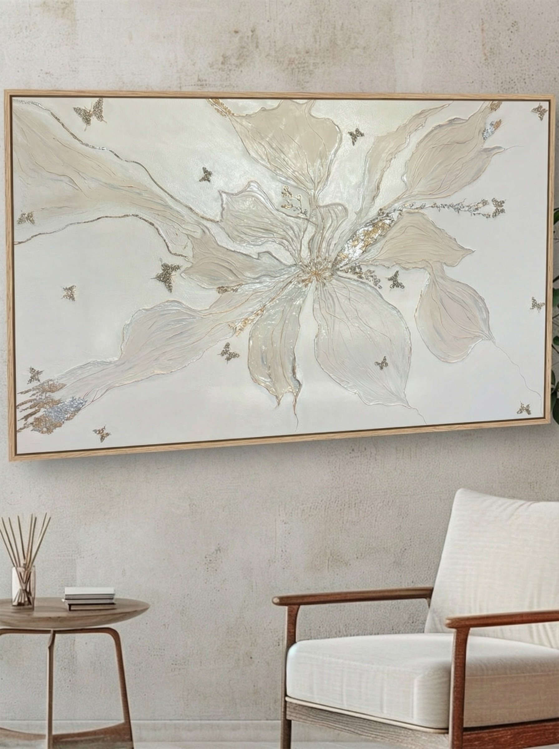 Large butterfly and floral artwork with crushed glass, stones