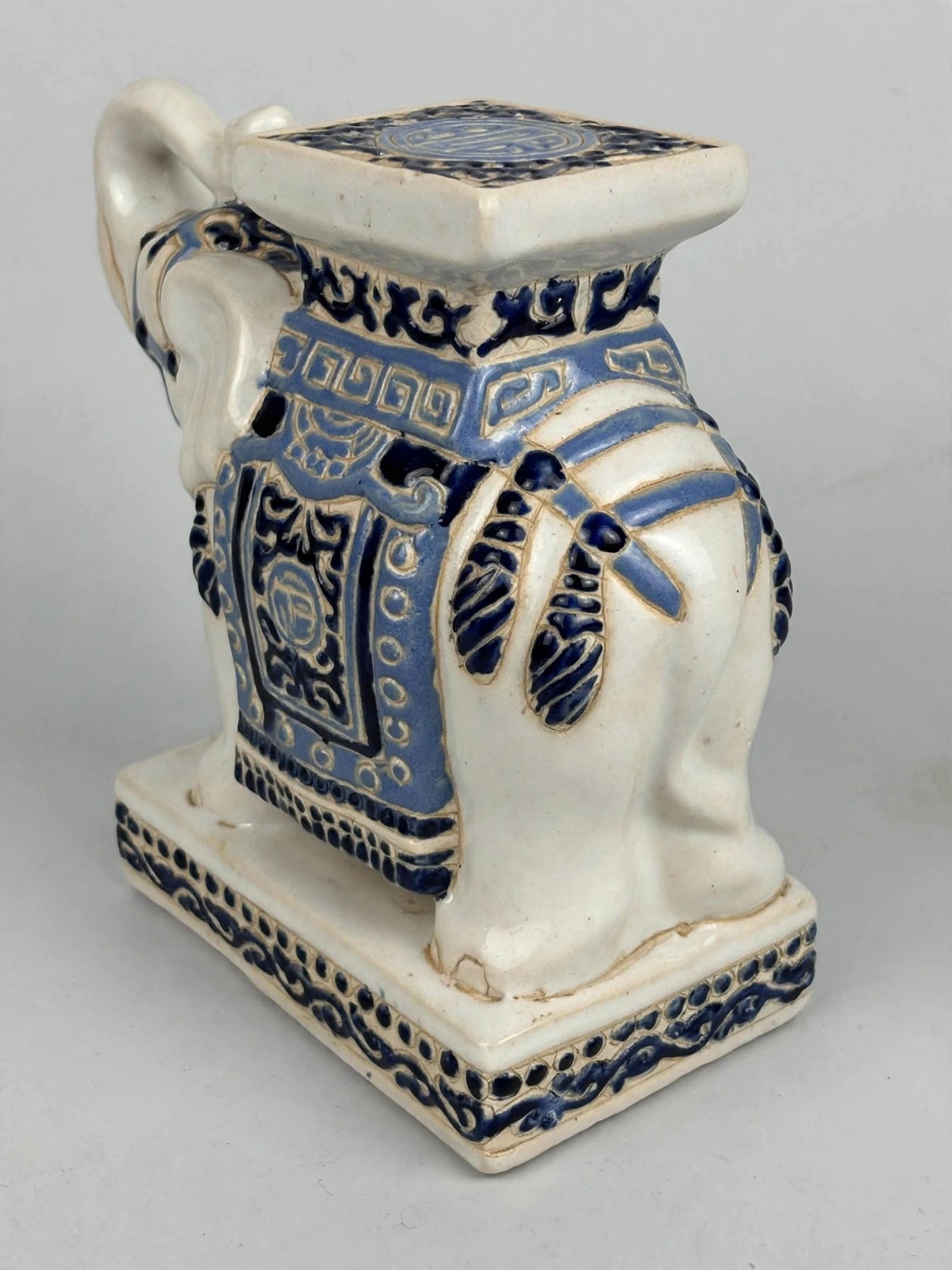 Vintage Blue White Ceramic Elephant Stool Figurine 8in - photo 4
