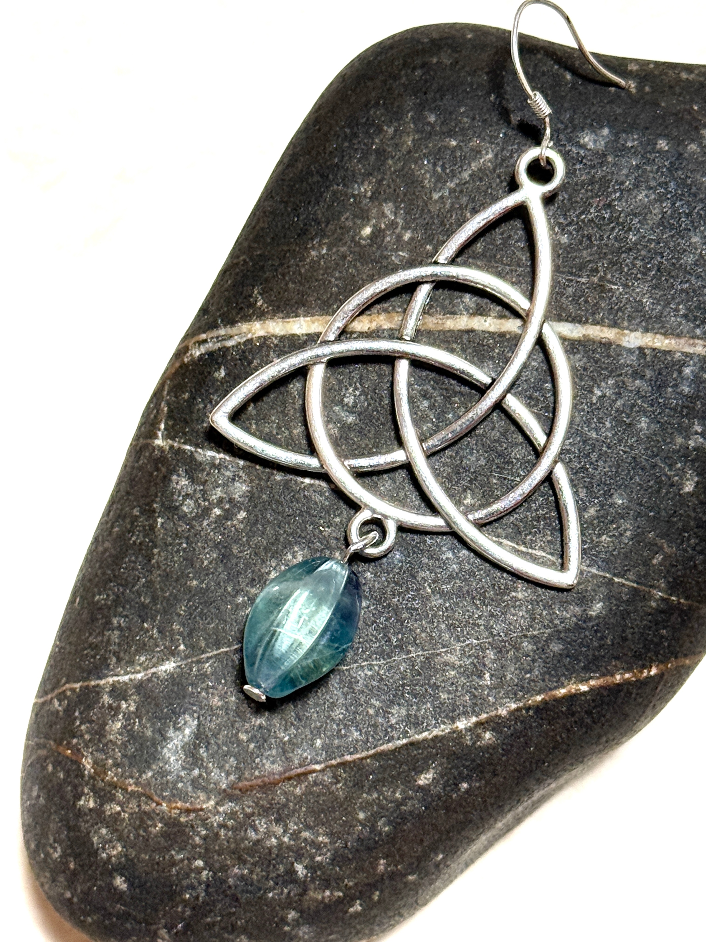 Teal Fluorite Celtic Trinity Earrings, Sterling Silver Hooks - photo 5