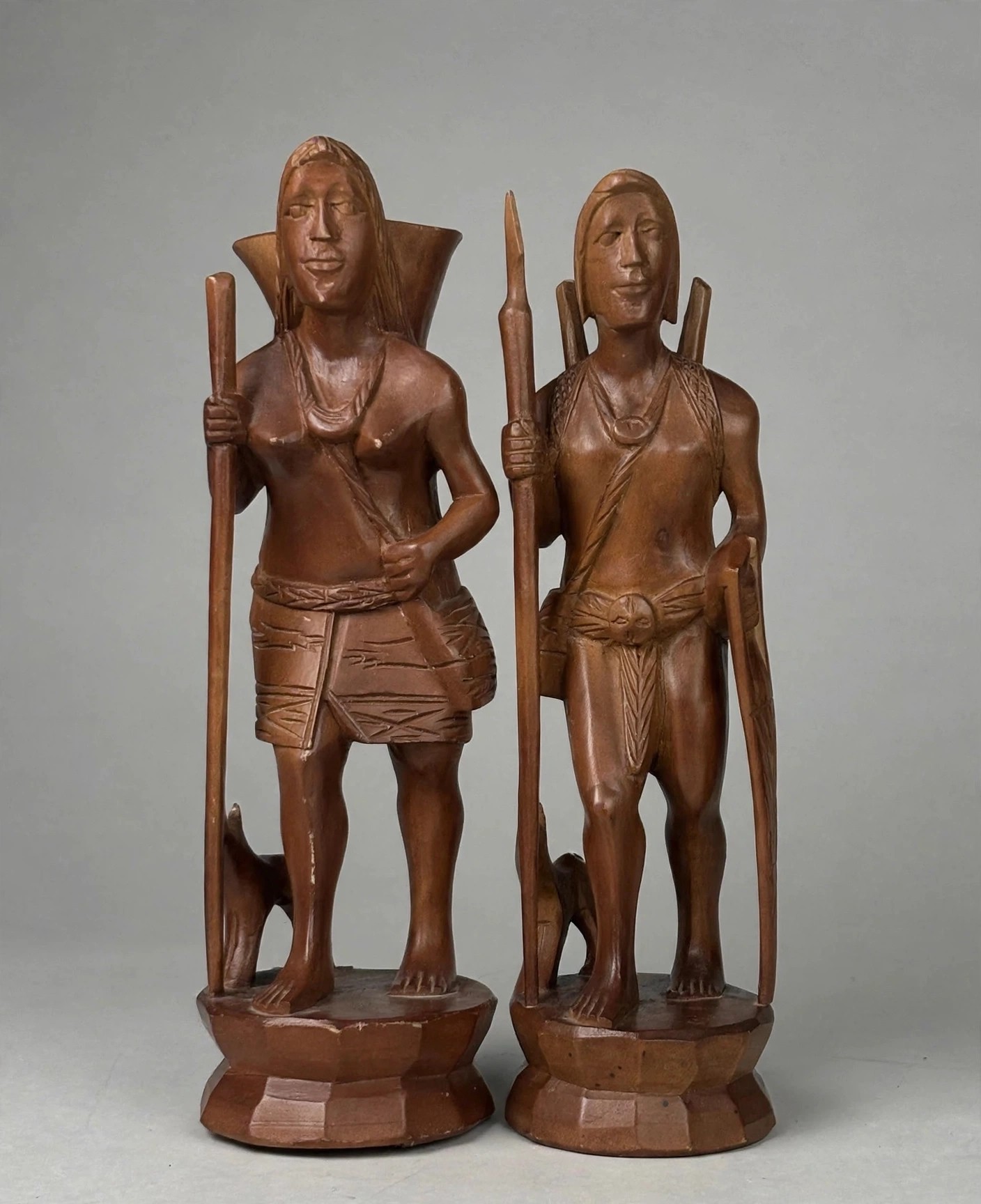 Vintage Hand-Carved Wood Tribal Figure Pair 12 Inch