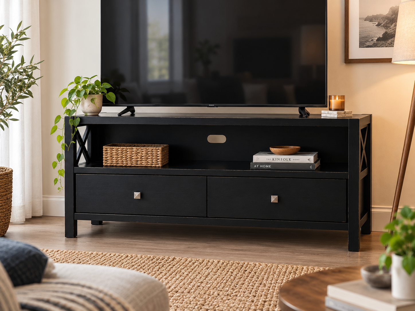 Black Solid Wood TV Stand with 2 Drawers